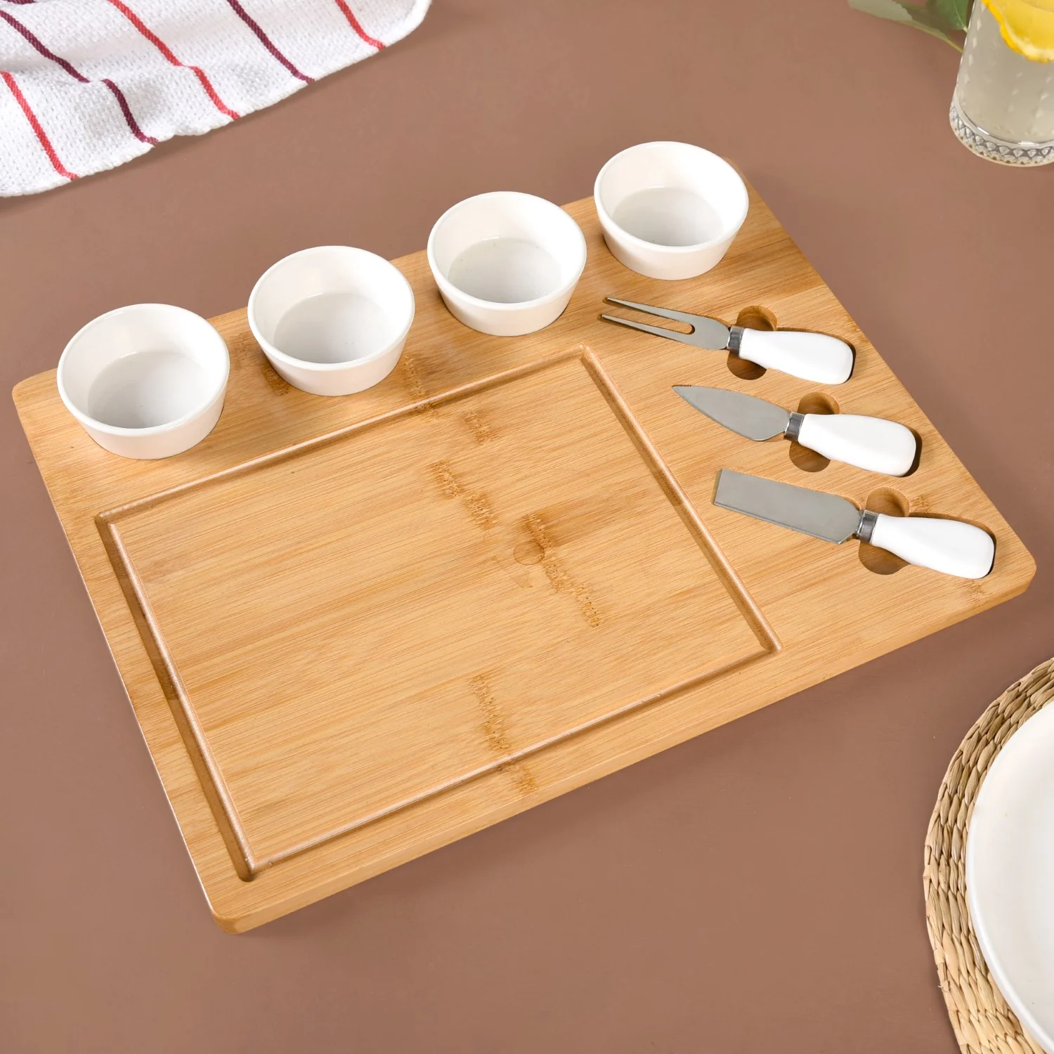 Sleek Wooden Snacks Platter Set With Dip Bowls And Cheese Knives - Image 2