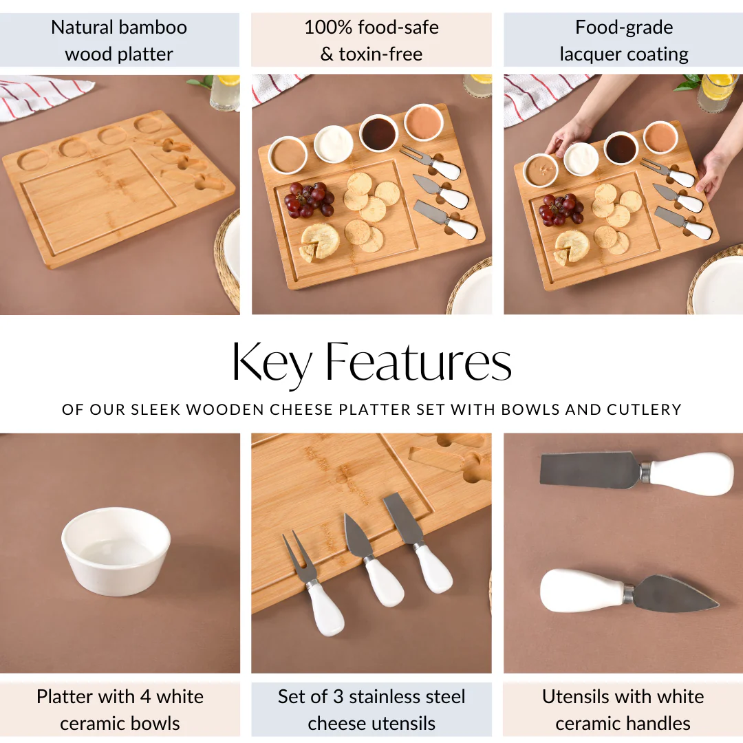Sleek Wooden Snacks Platter Set With Dip Bowls And Cheese Knives - Image 5