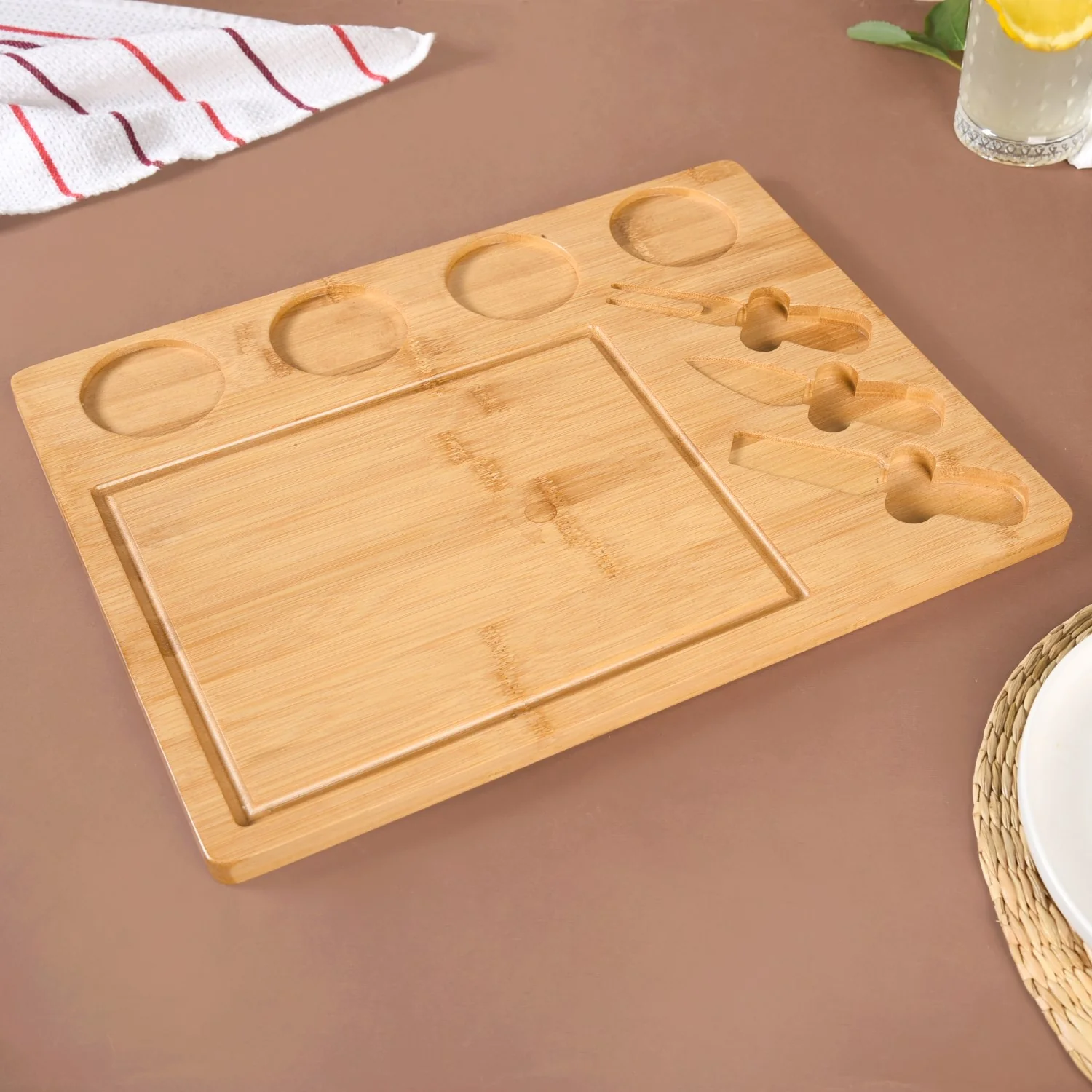 Sleek Wooden Snacks Platter Set With Dip Bowls And Cheese Knives - Image 8