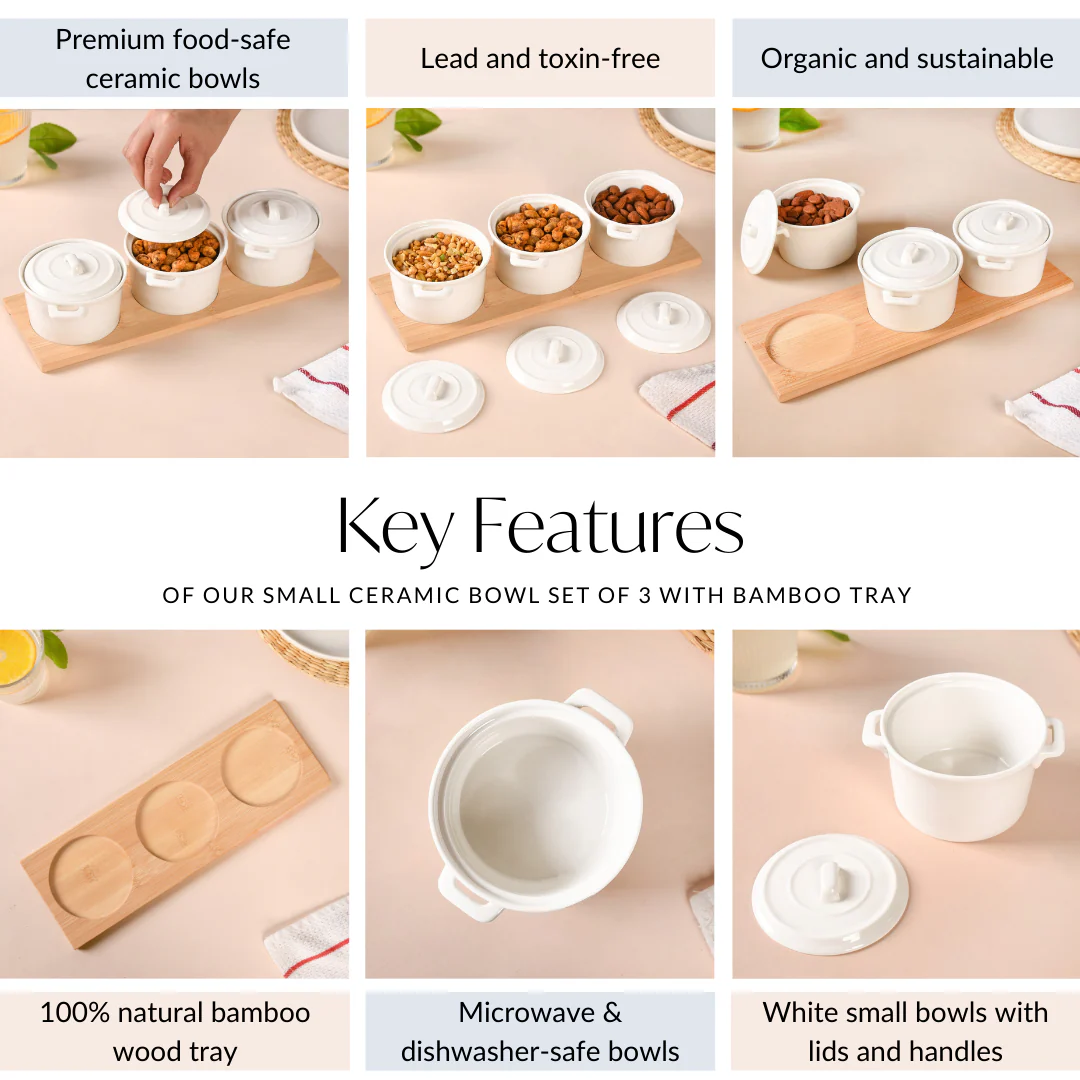 Small Ceramic Bowl Set Of 3 With Bamboo Tray 250ml - Image 5