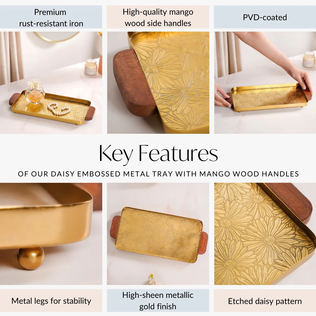 Small Daisy Embossed Metal Tray With Mango Wood Handles - Image 5