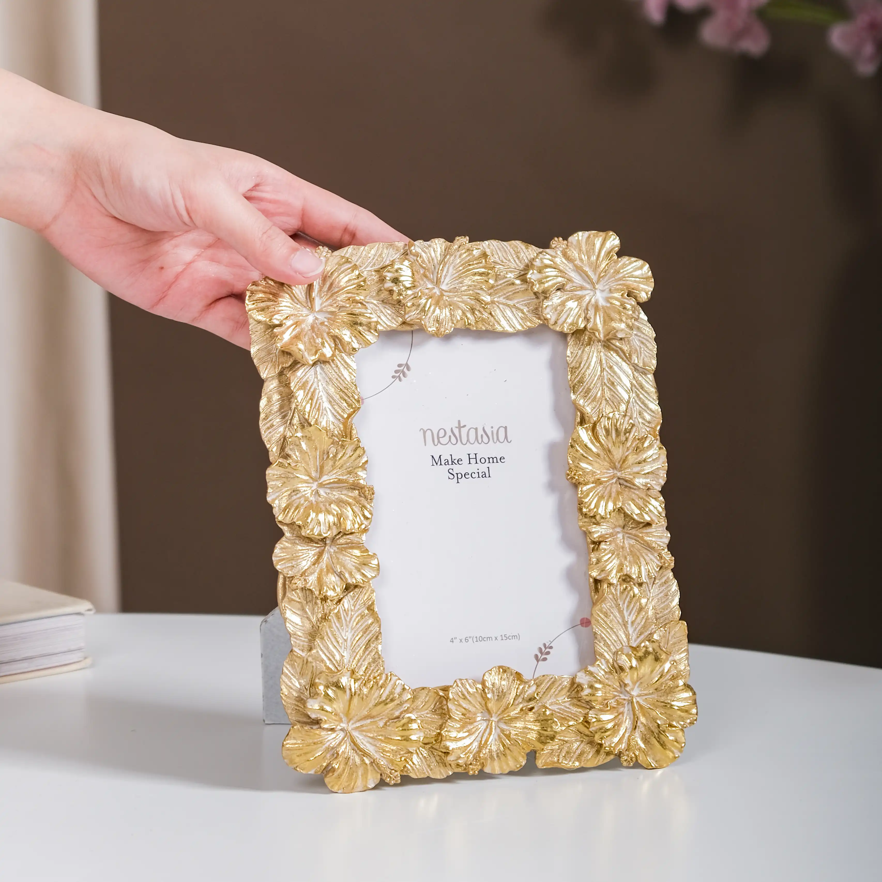 Small Hibiscus Photo Frame Gold 8.5"x6.5" - Image 2