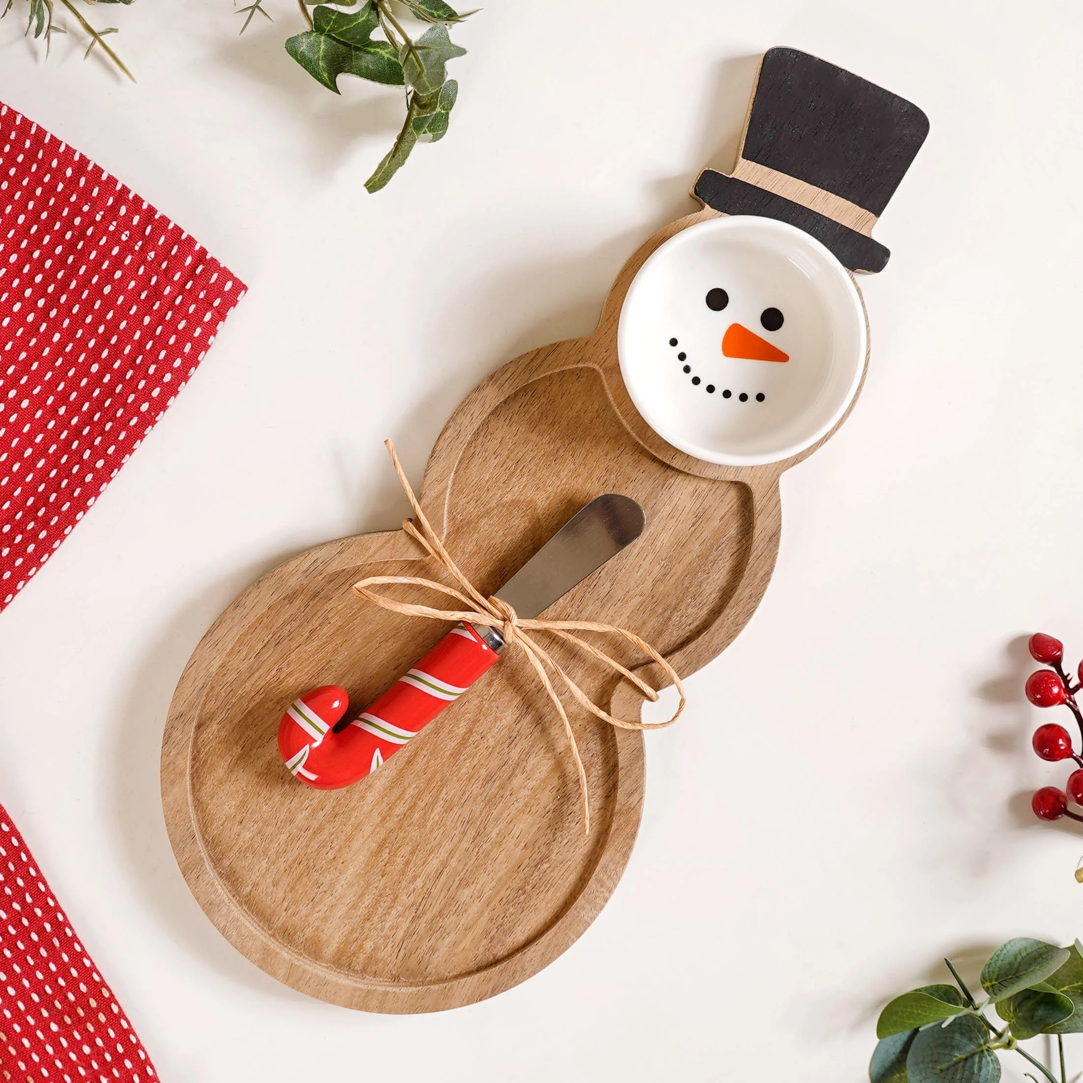 Snowman Bowl Board And Candy Cane Knife Set Of 3