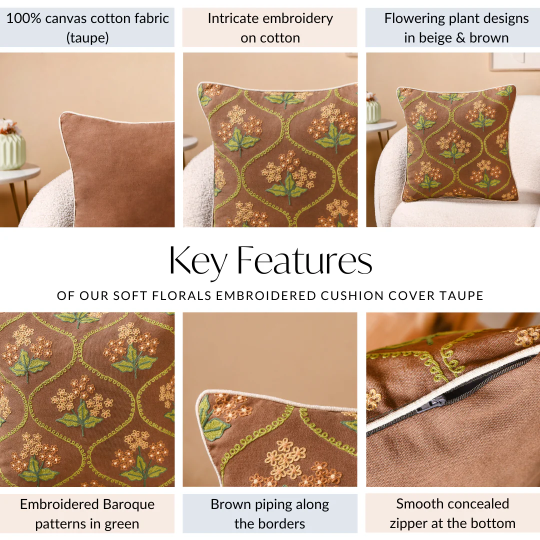 Soft Florals Embroidered Cushion Cover Taupe 40x40cm - Image 5