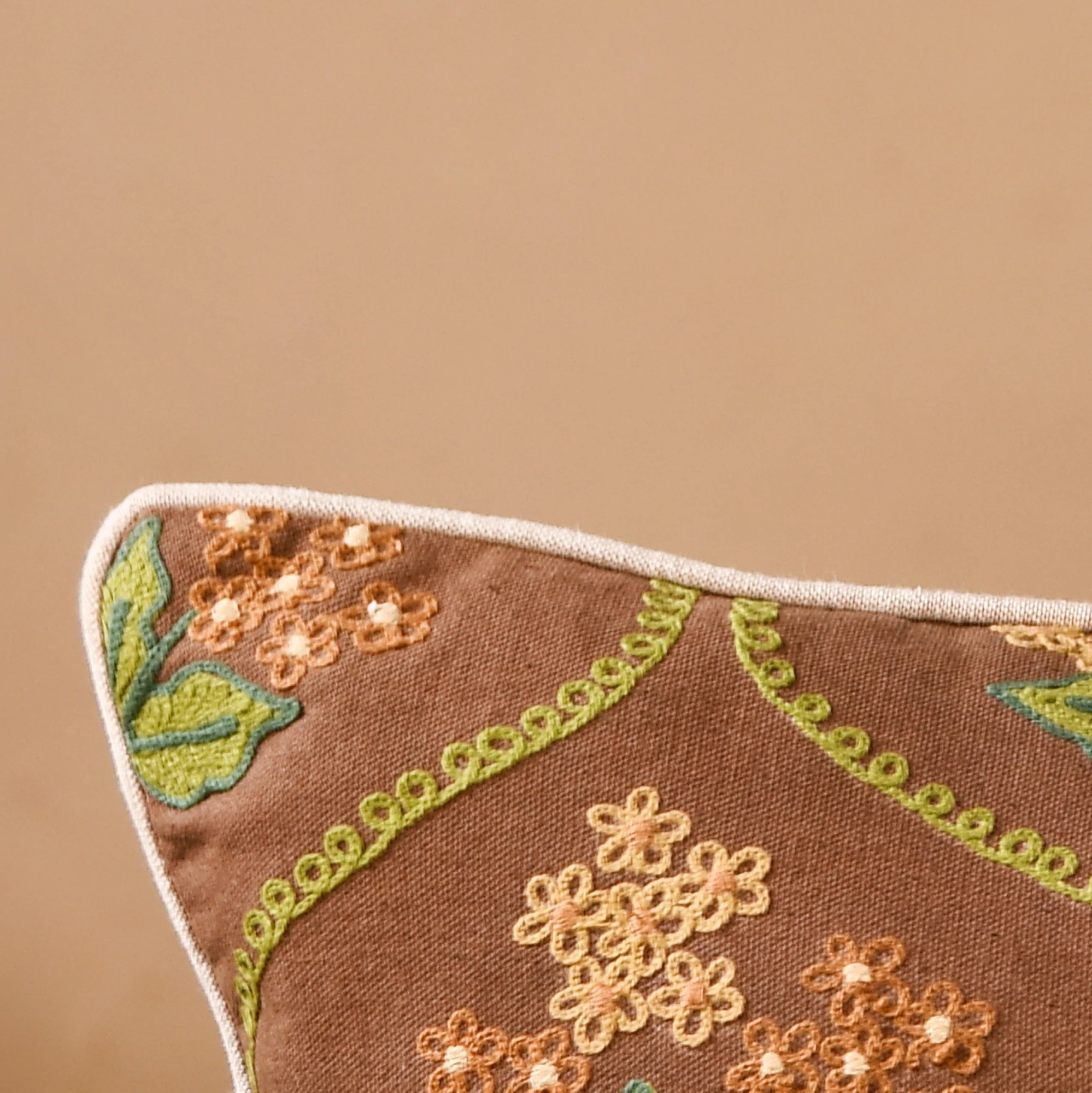 Soft Florals Embroidered Cushion Cover Taupe 40x40cm - Image 6