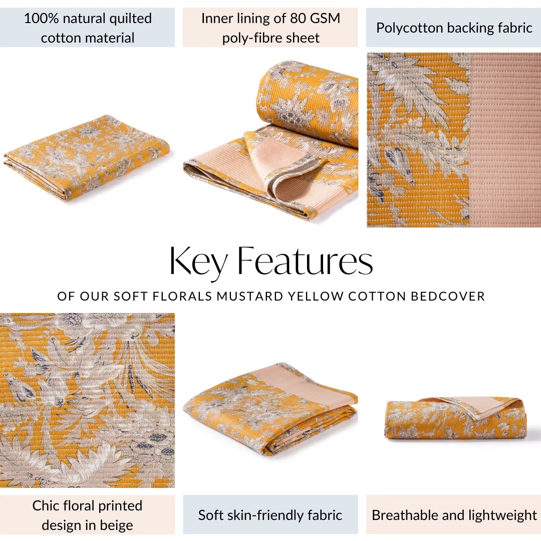 Soft Florals Mustard Yellow Cotton Bedcover 254x221cm - Image 4