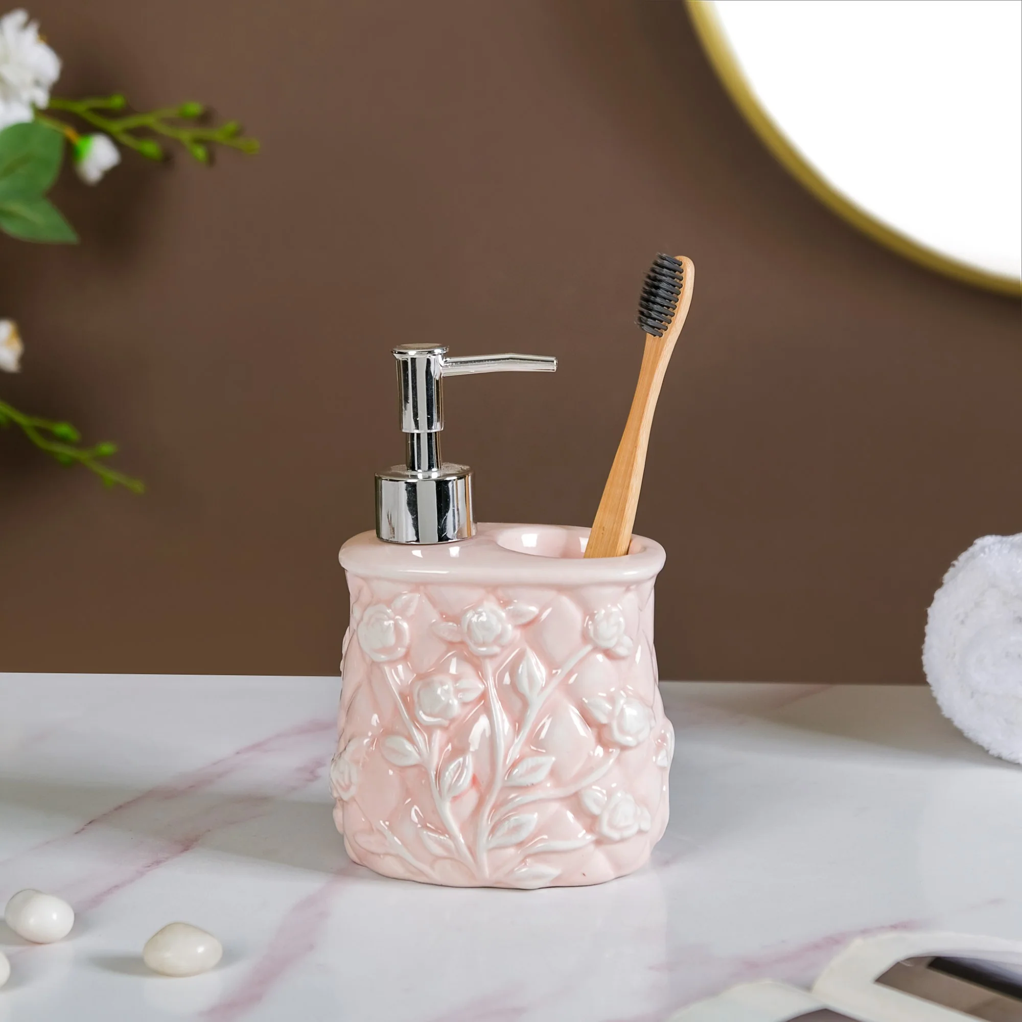 Soft Girl Vintage Floral Ceramic Dispenser With Holder Pink - Image 2
