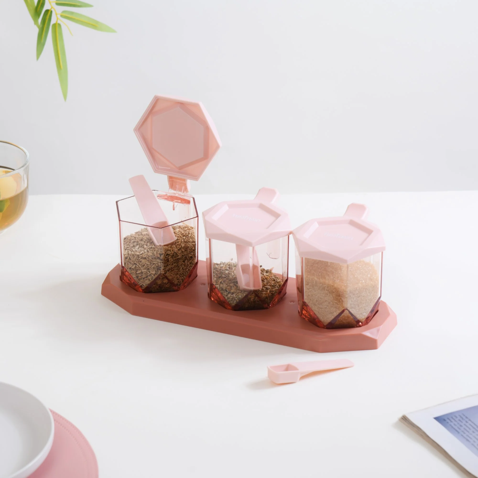 Spice Containers With Spoons Set Of 3 Pink - Image 6