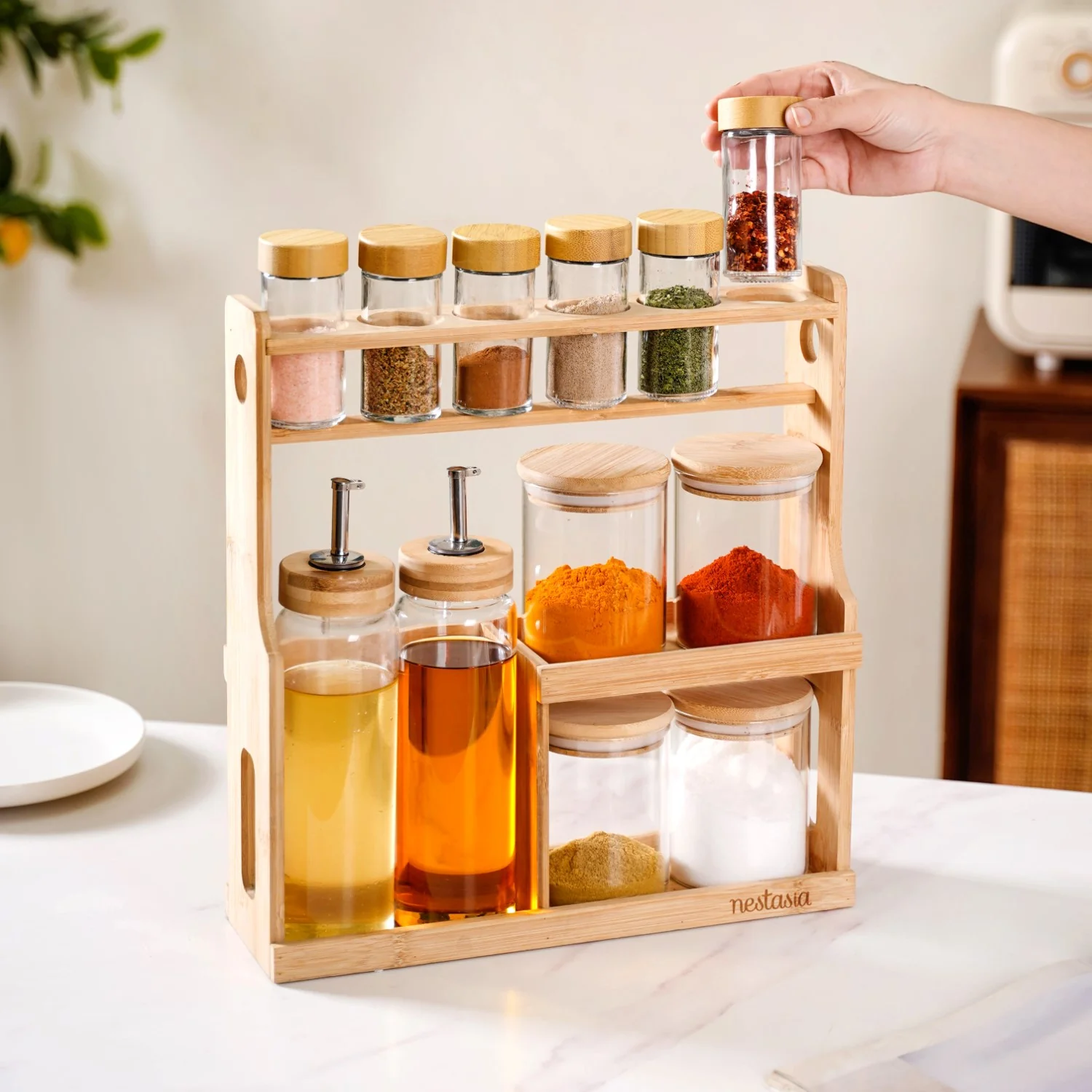 Spice Jars And Oil Bottles Set Of 12 With Wooden Stand - Image 2