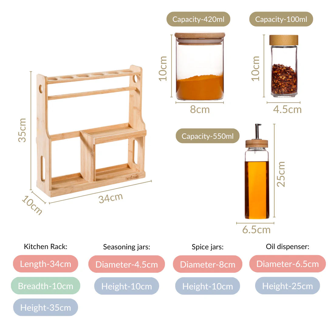 Spice Jars And Oil Bottles Set Of 12 With Wooden Stand - Image 4