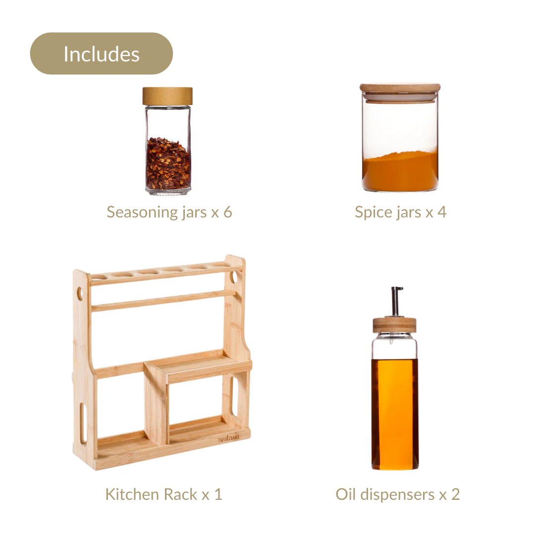 Spice Jars And Oil Bottles Set Of 12 With Wooden Stand - Image 6