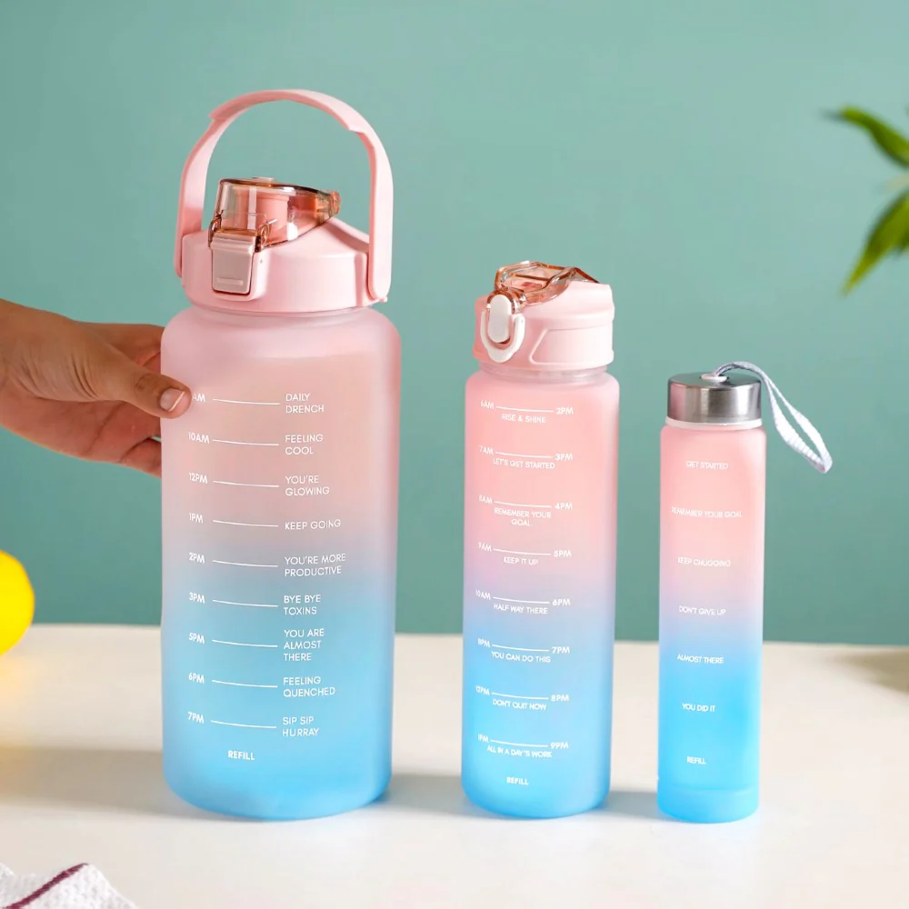 Sporty Motivational Water Bottles Set Of 3 Pink Blue - Image 3
