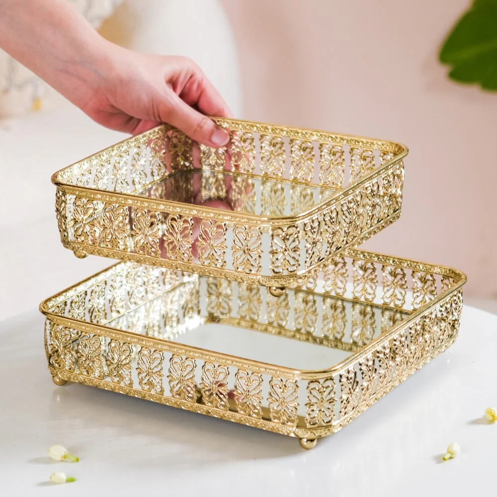 Square Gifting Tray With Mirror Gold Small - Image 16