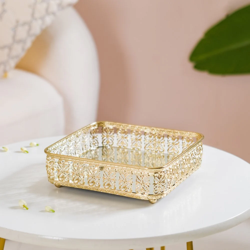 Square Gifting Tray With Mirror Gold Small - Image 3