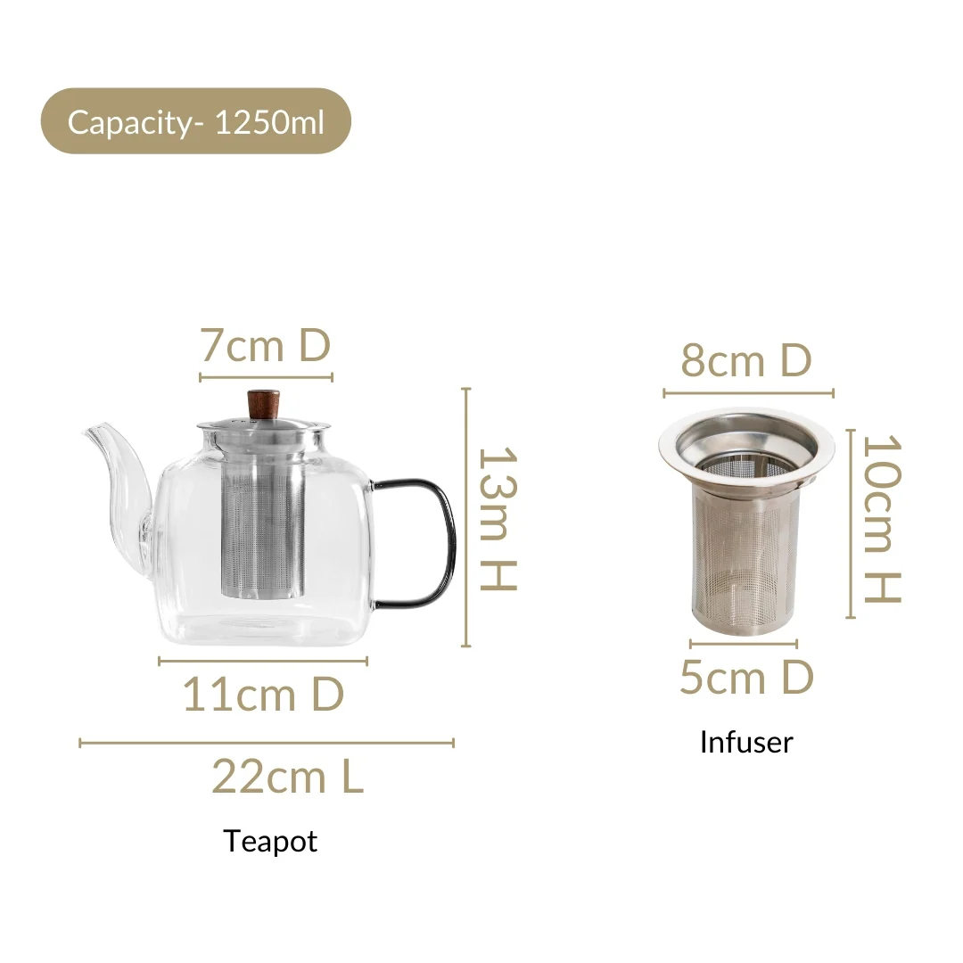 Square Glass Teapot With Black Tinted Handle 1250ml - Image 3