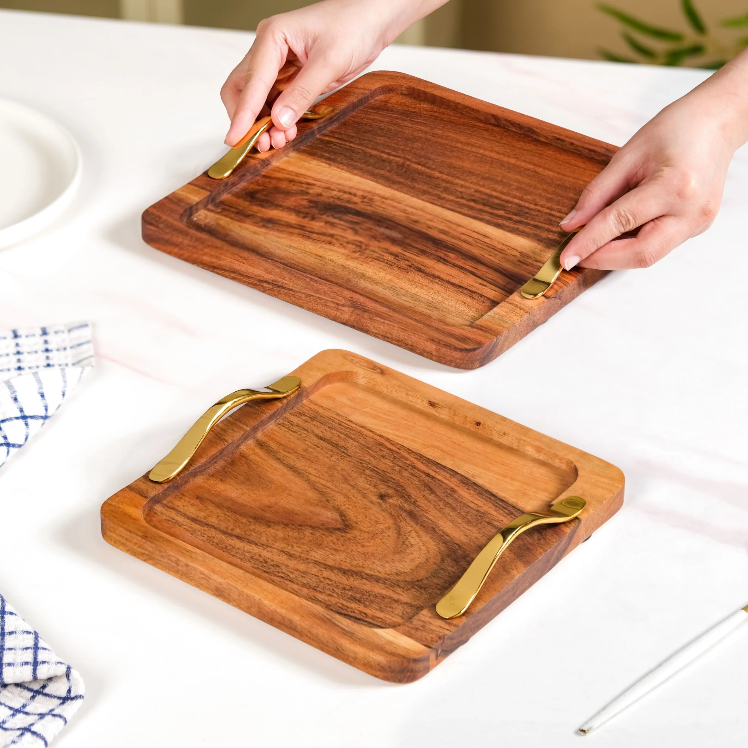 Square Wood Serving Tray With Gold Handles Set Of 2 - Image 2