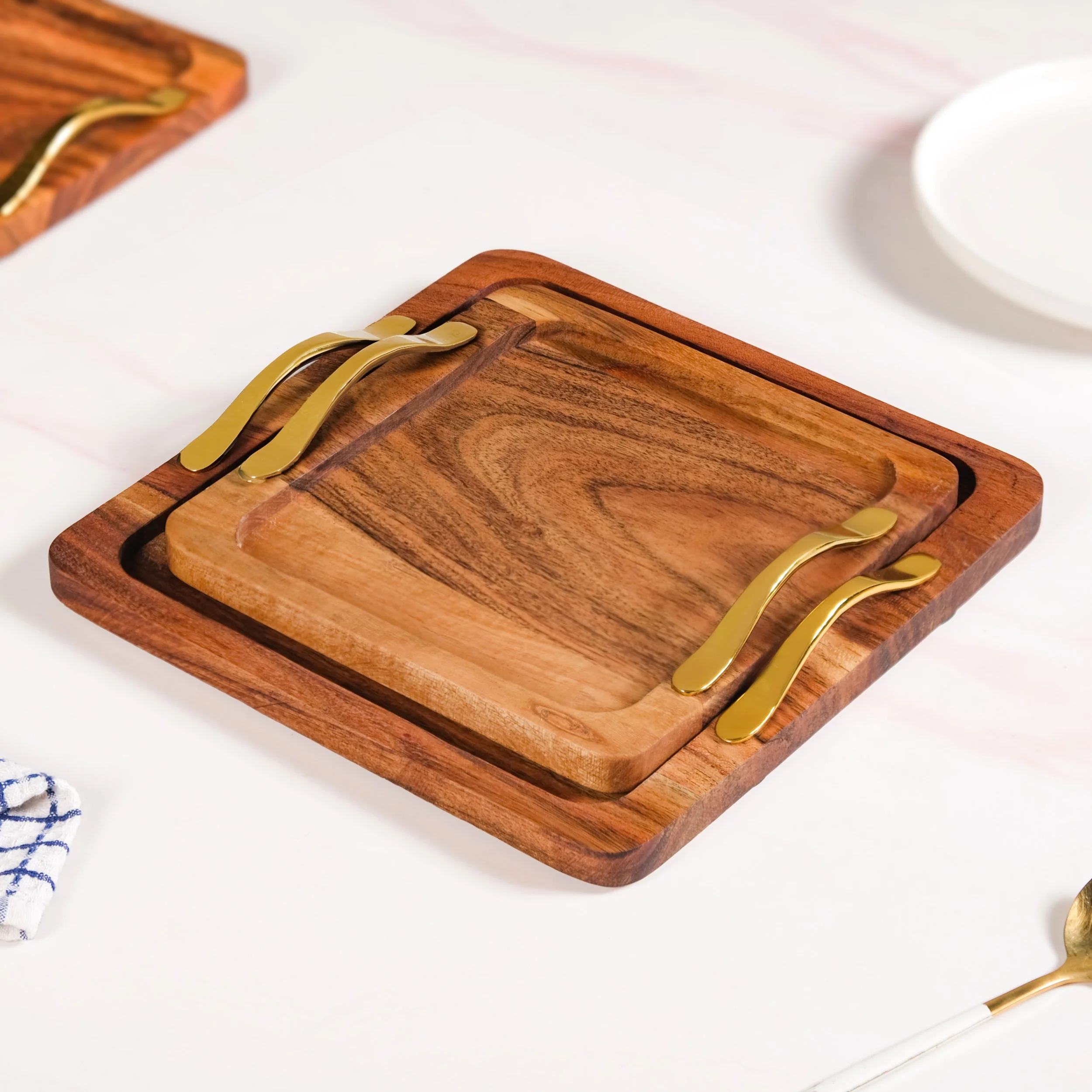 Square Wood Serving Tray With Gold Handles Set Of 2 - Image 3