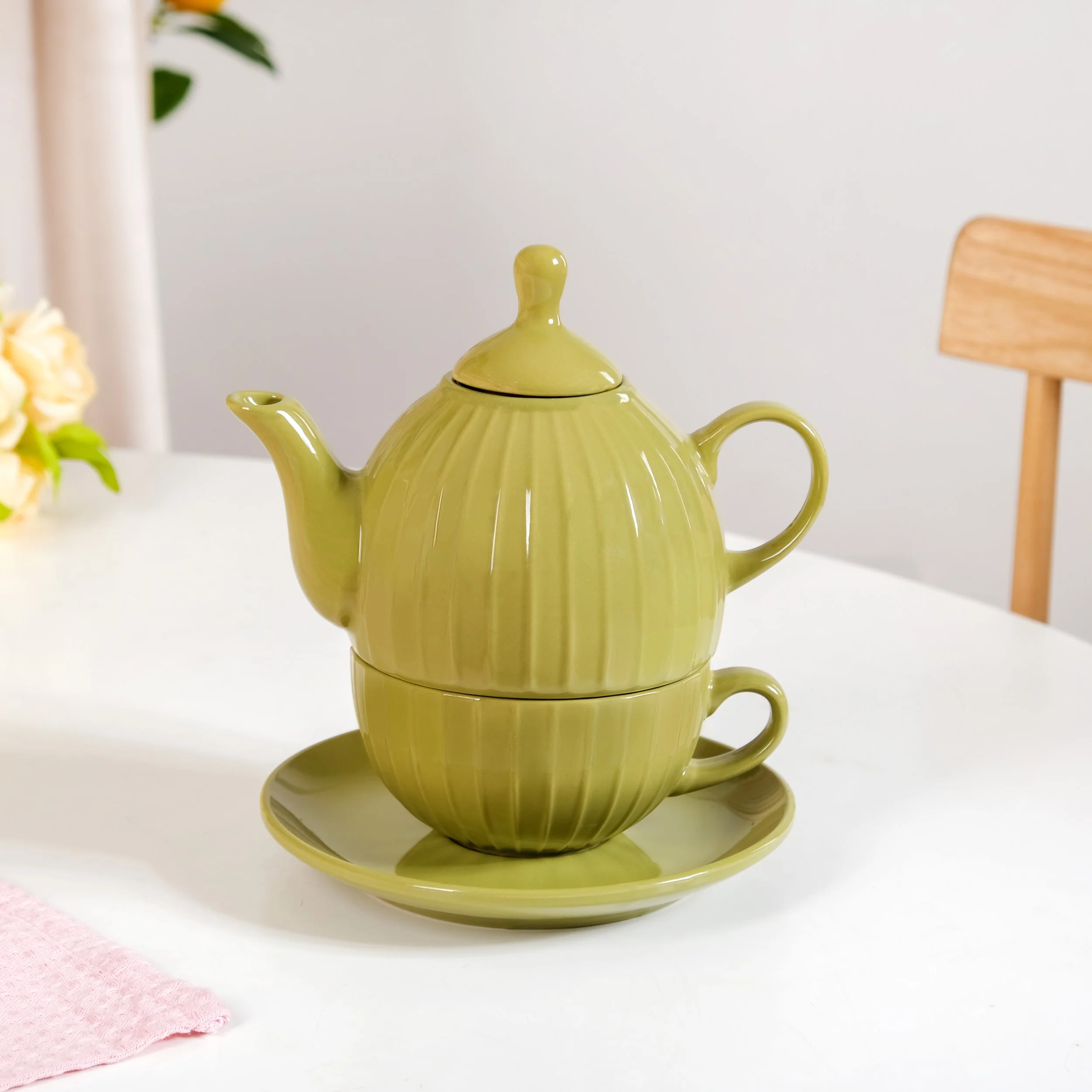 Stackable Ambrosia Teapot And Cup With Saucer Olive Green - Image 3