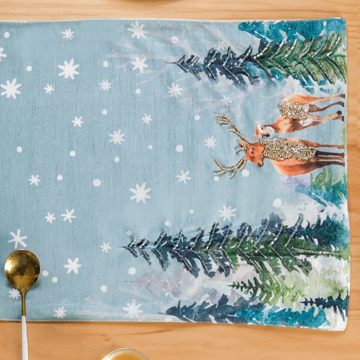 Stag And Doe In Snow Print Embellished Dining Table Runner - Image 2