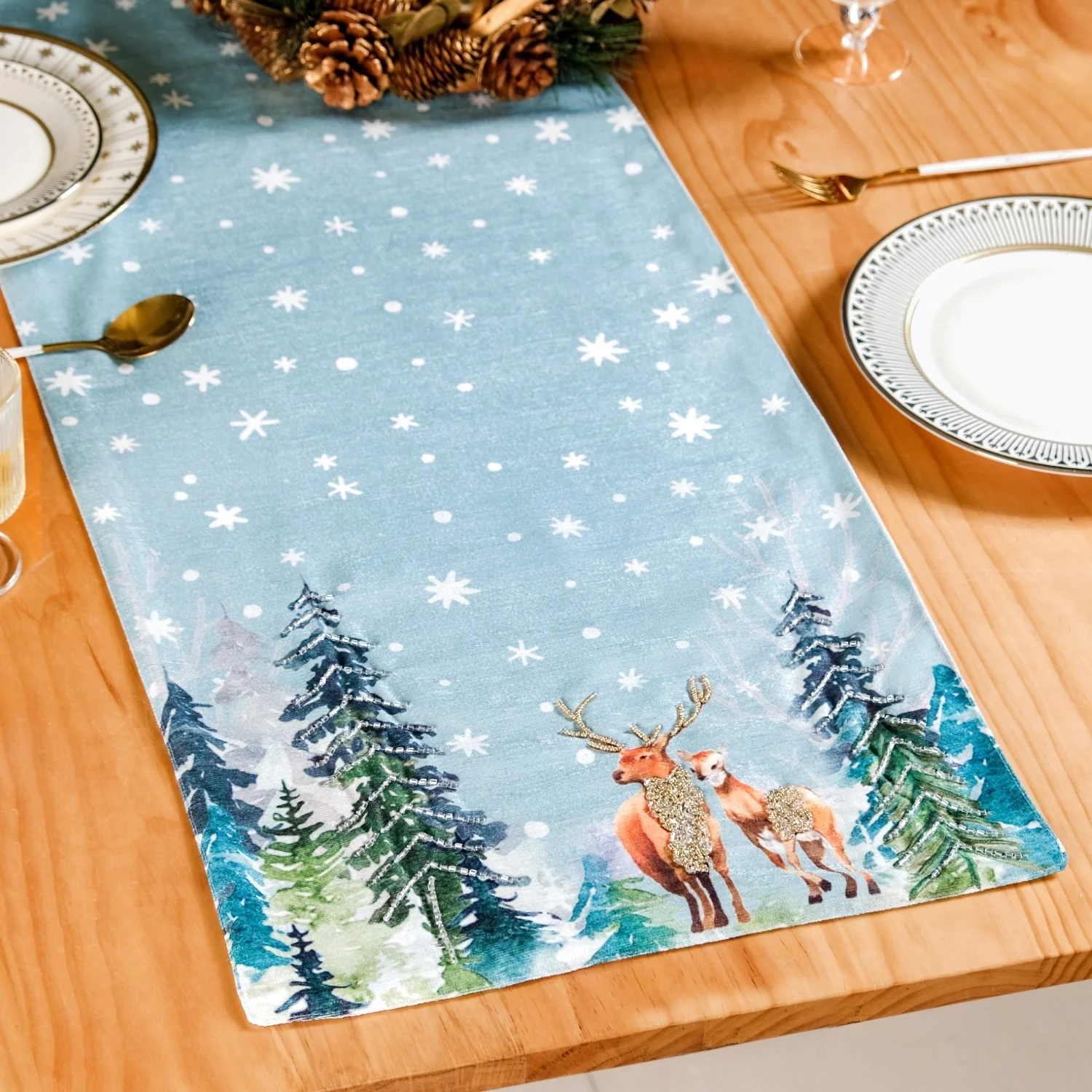 Stag And Doe In Snow Print Embellished Dining Table Runner - Image 6