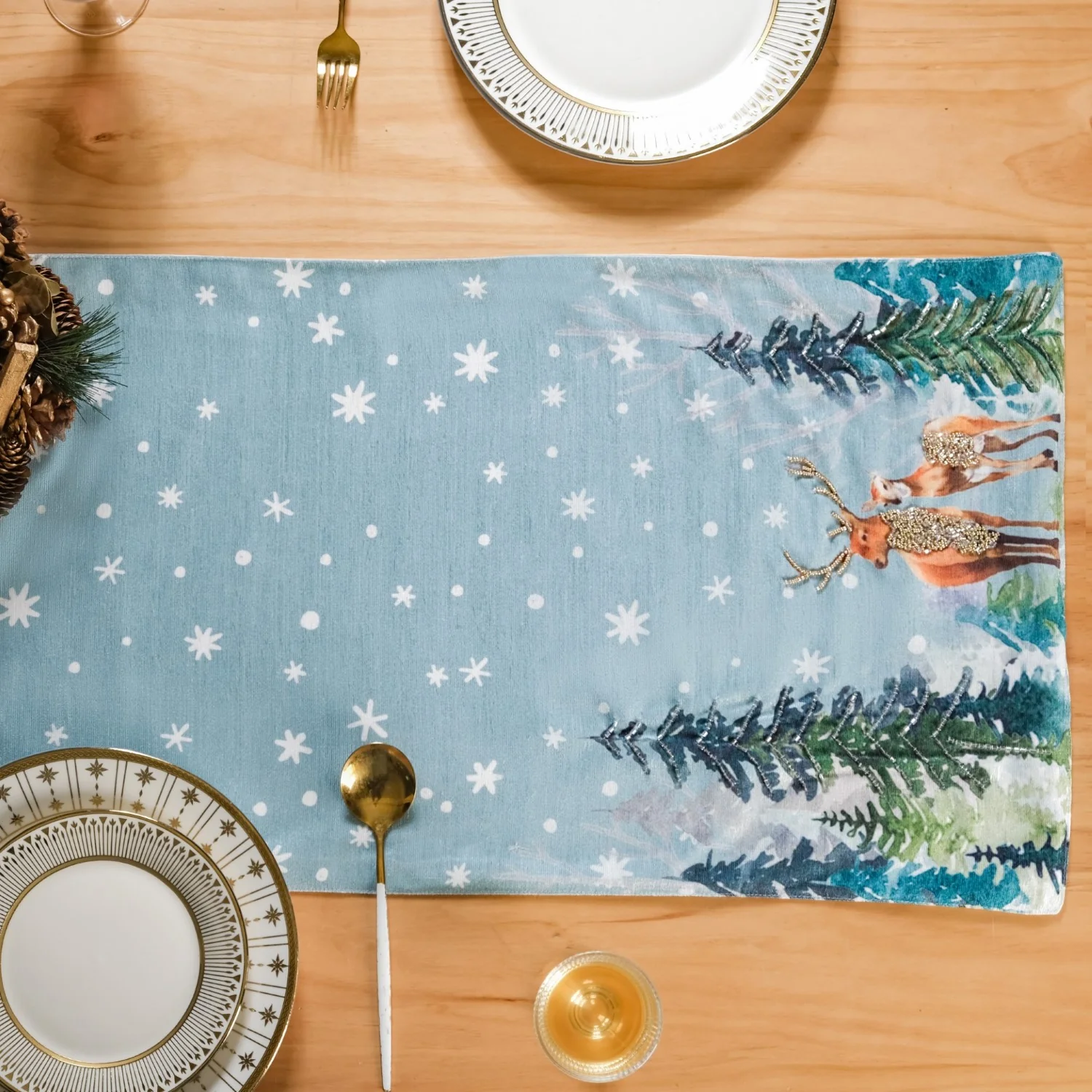 Stag And Doe In Snow Print Embellished Dining Table Runner - Image 7