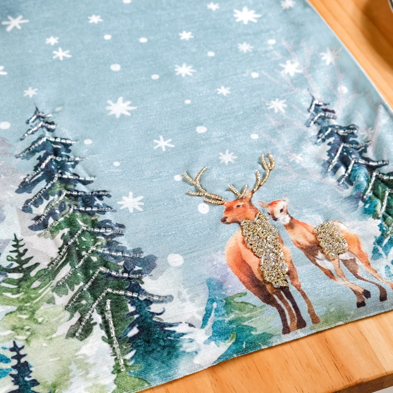 Stag And Doe In Snow Print Embellished Dining Table Runner - Image 8