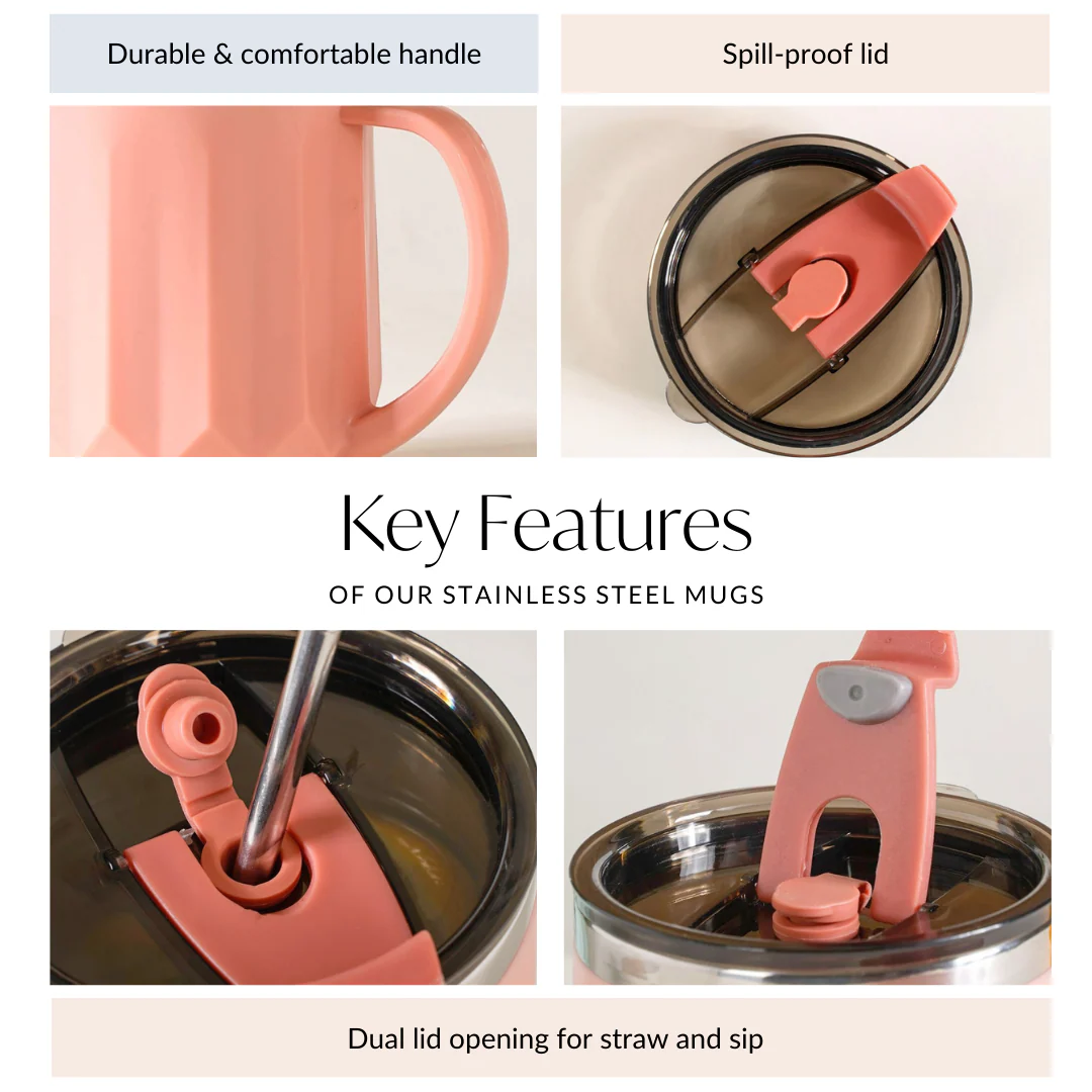 Stainless Steel Mug With Lid Set Of 2 Pink 400ml - Image 7