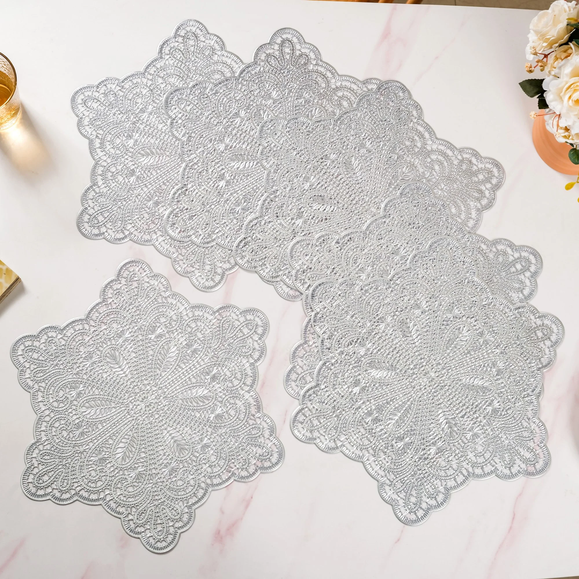 Star Shaped Cutwork Table Mat Silver Set Of 6 - Image 4