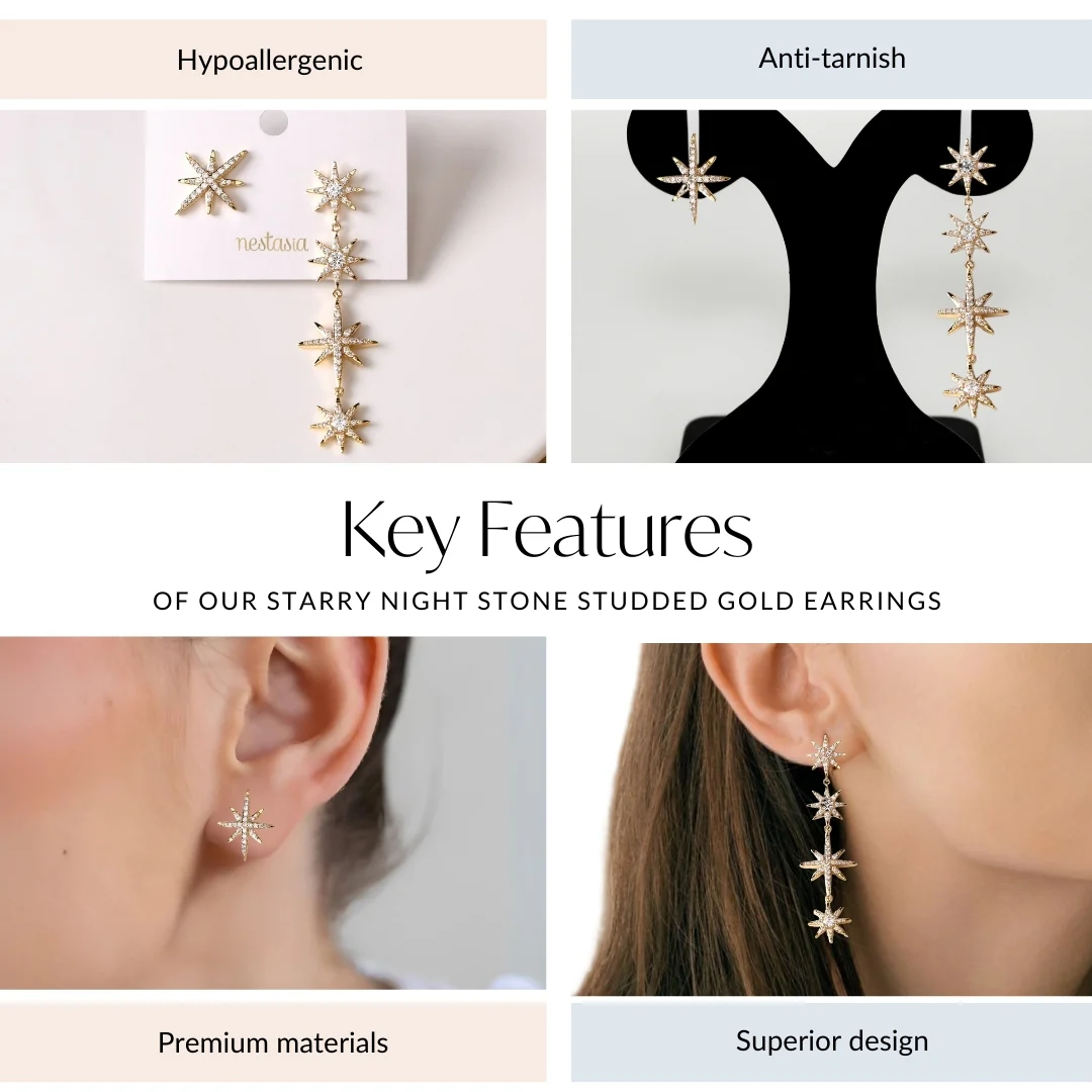Starry Night Stone Studded Gold Earrings - Image 4