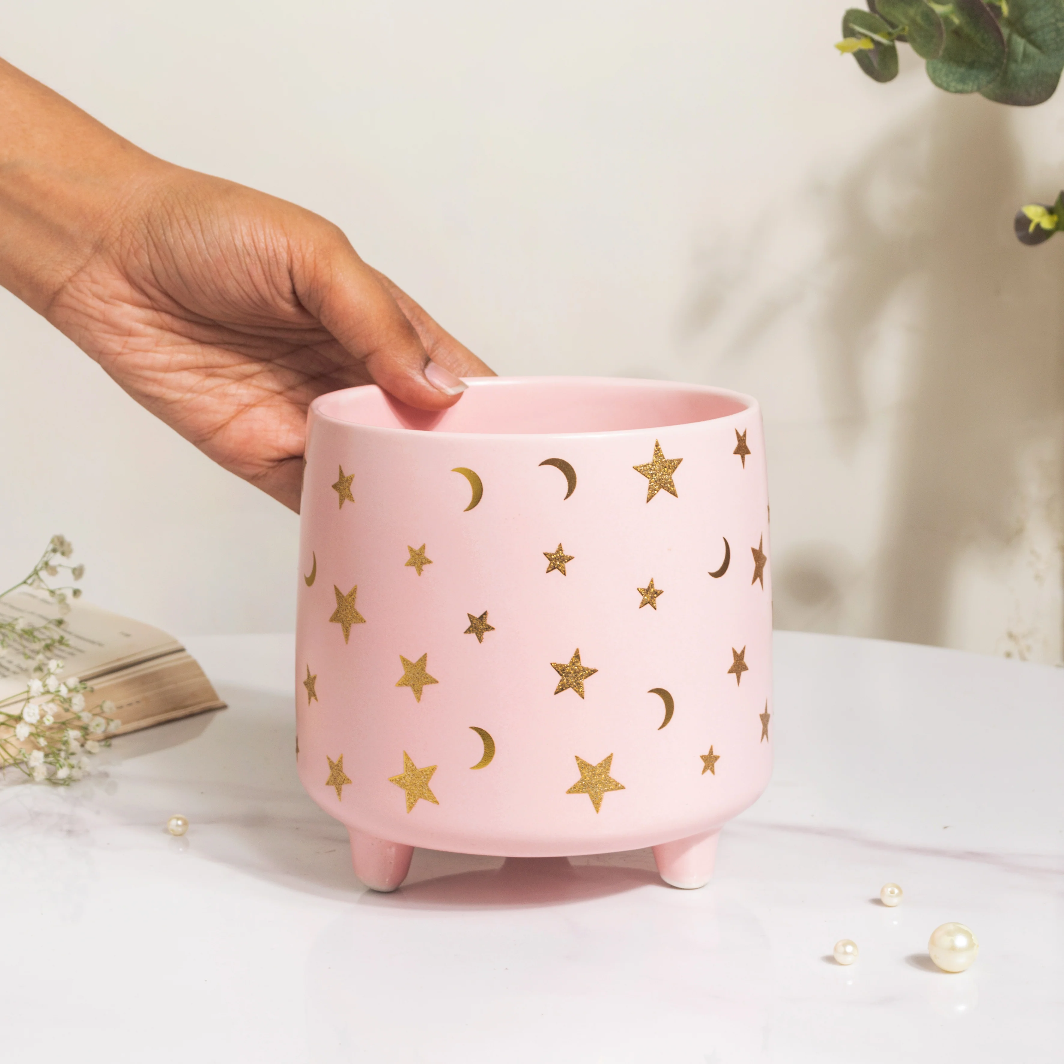 Stars and Moons Pink Ceramic Planter Large - Image 3