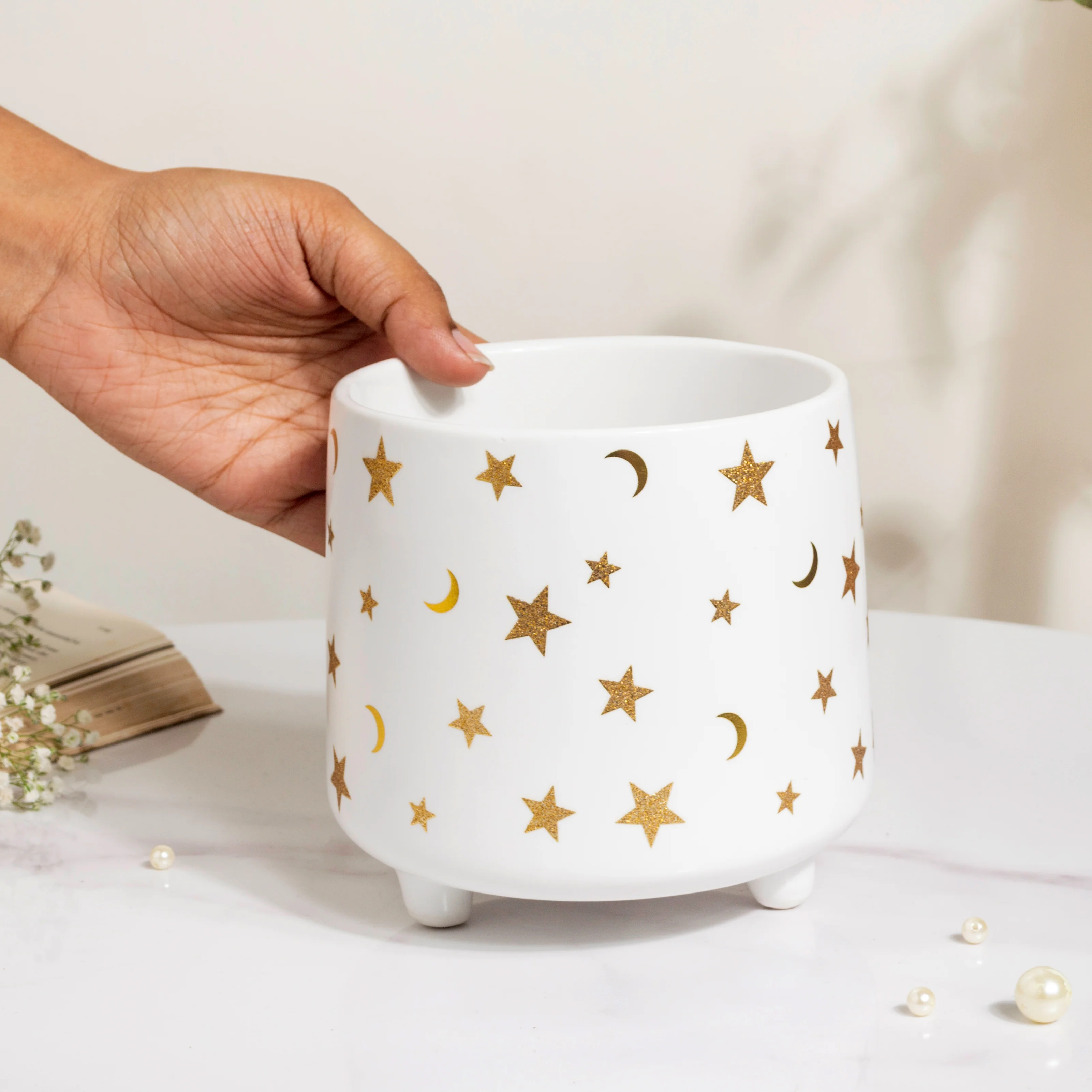Stars and Moons White Ceramic Planter Large - Image 3