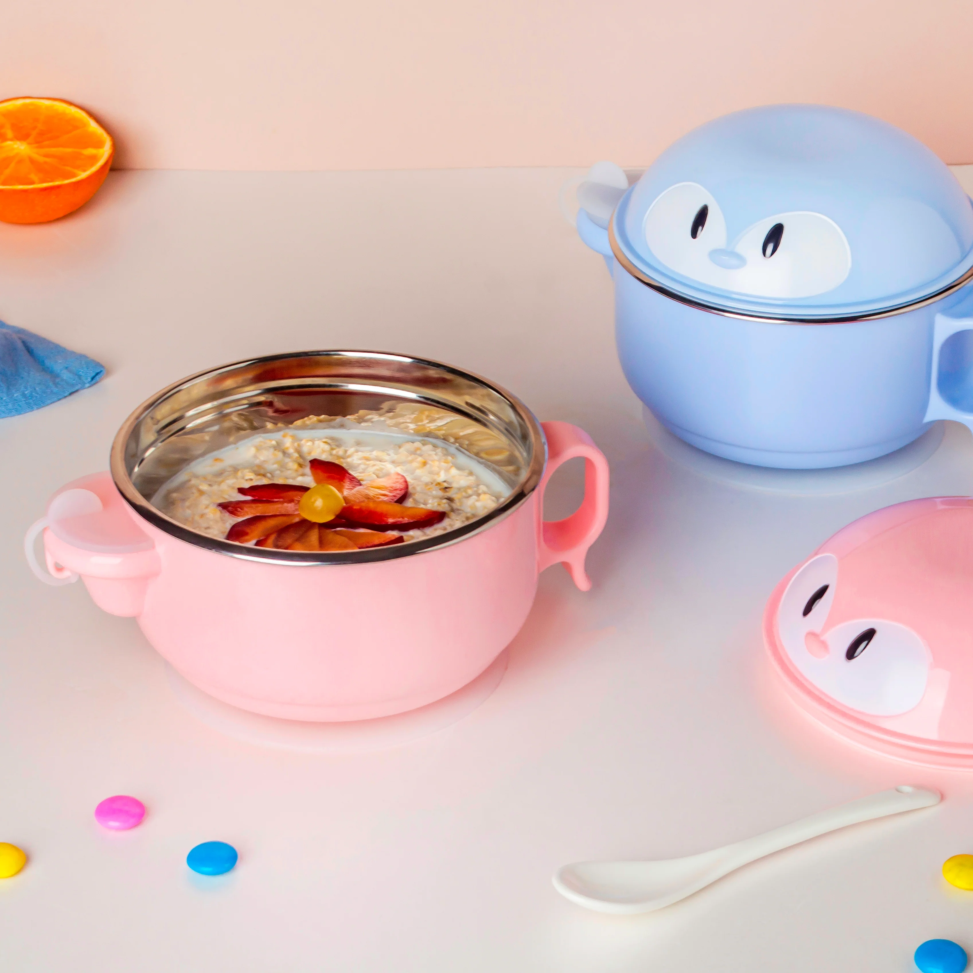 Steel Food Bowl With Heating Water Chamber Pink 400 ml - Image 9
