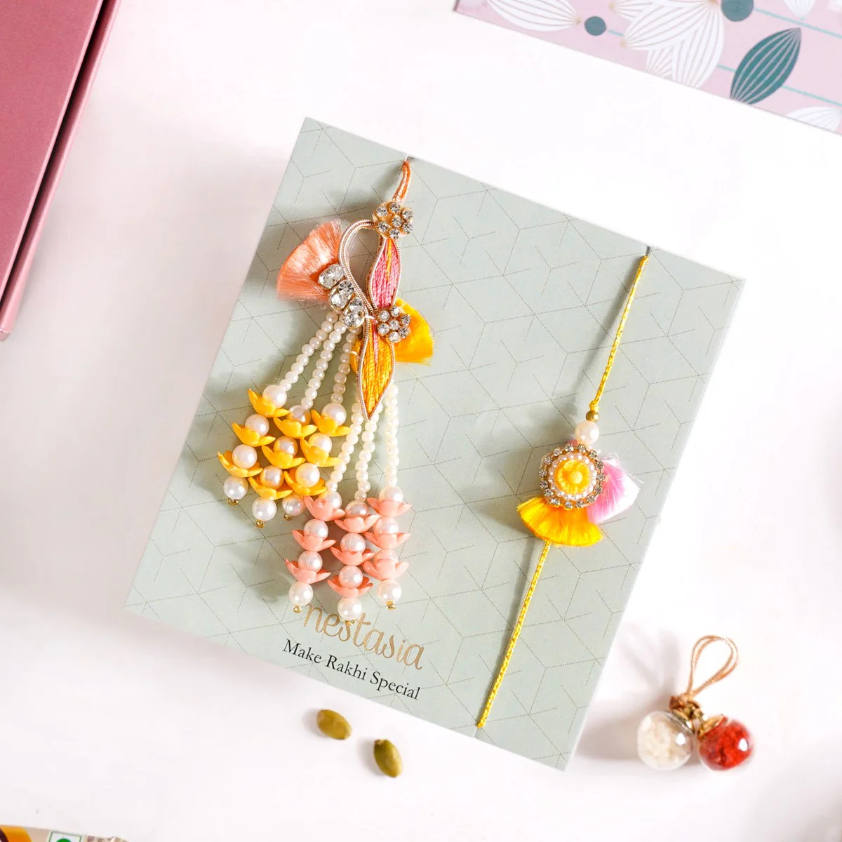 String Of Pearls Rakhi Lumba Hamper Set Of 4 With Gift Box And Card - Image 3