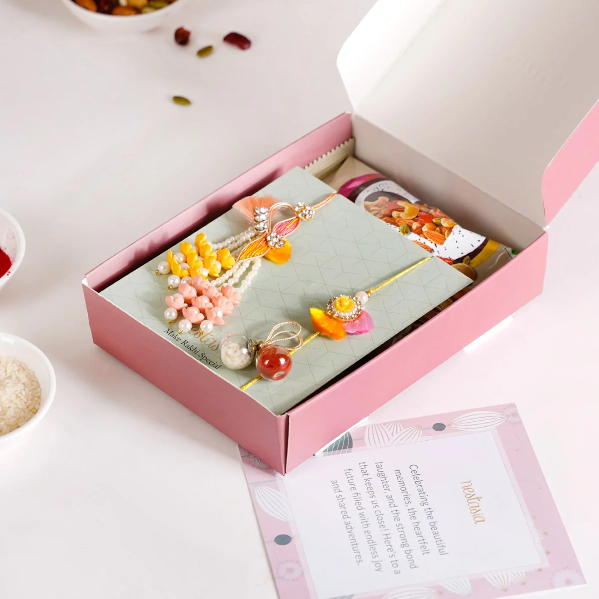 String Of Pearls Rakhi Lumba Hamper Set Of 4 With Gift Box And Card - Image 4