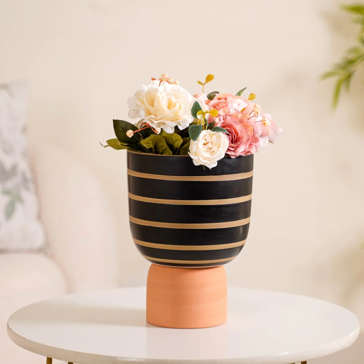Striped Ceramic Flower Vase Black - Image 2