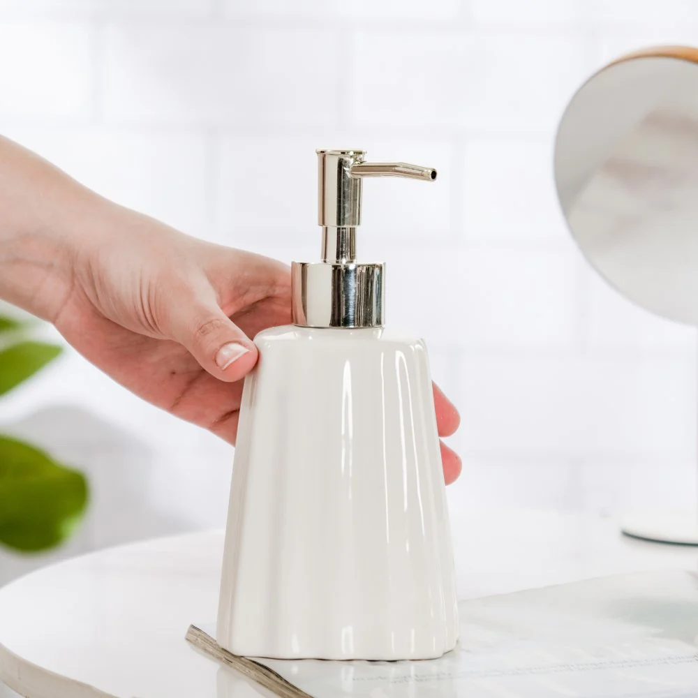 Striped Ceramic Soap Dispenser White 7 Inch - Image 3