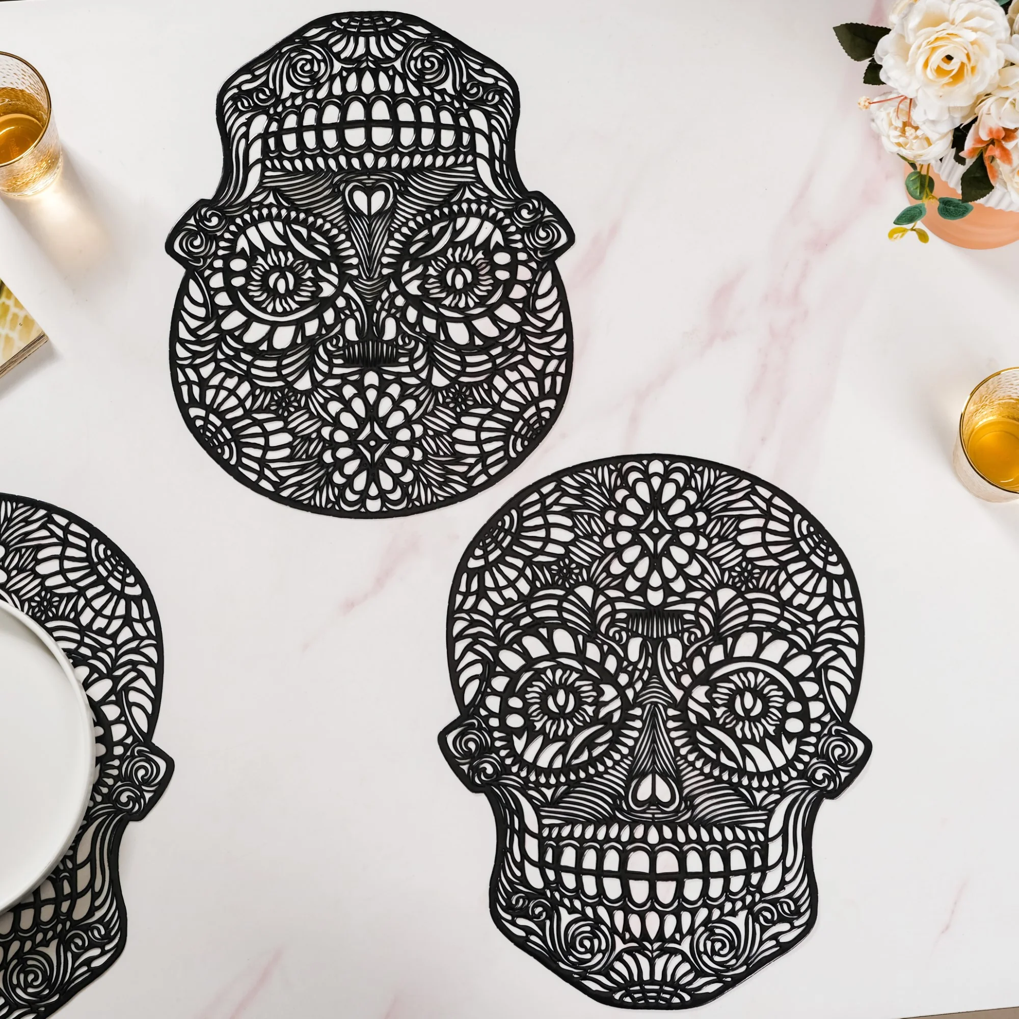 Sugar Skull Design Table Mat Set Of 6 Black - Image 3