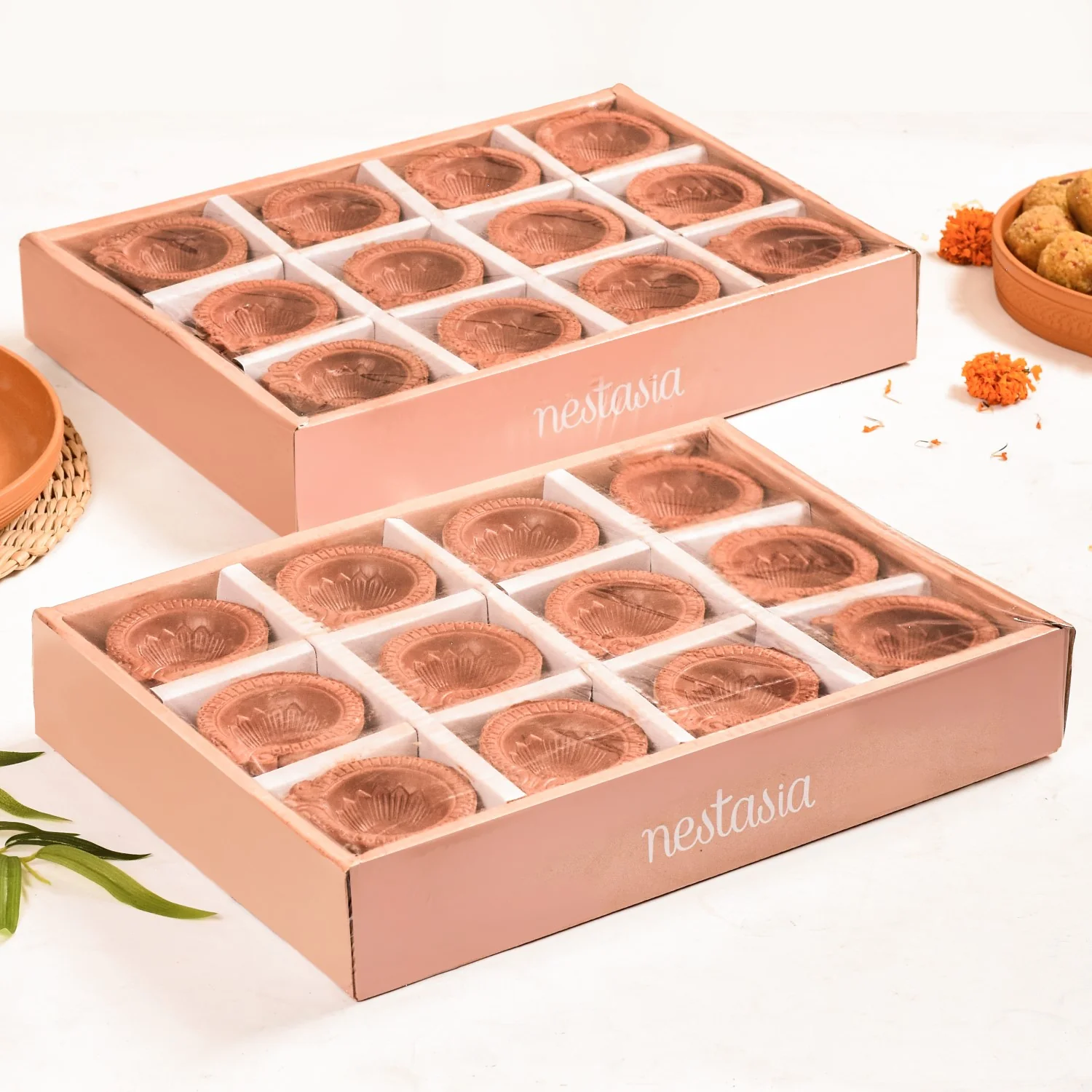Sunflower Motif Pure Terracotta Clay Diyas Set Of 48 - Image 6