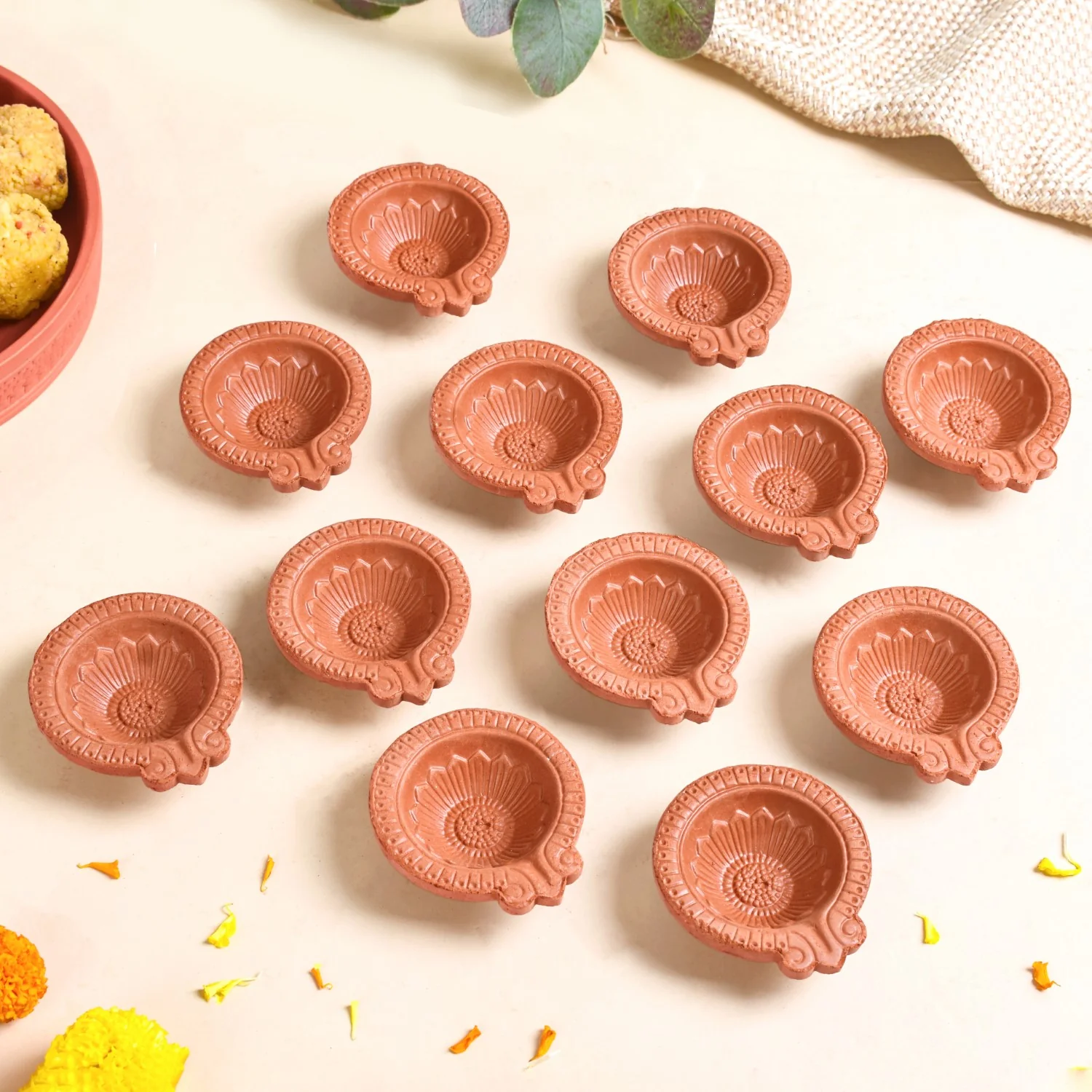 Sunflower Motif Pure Terracotta Clay Diyas Set Of 48 - Image 7