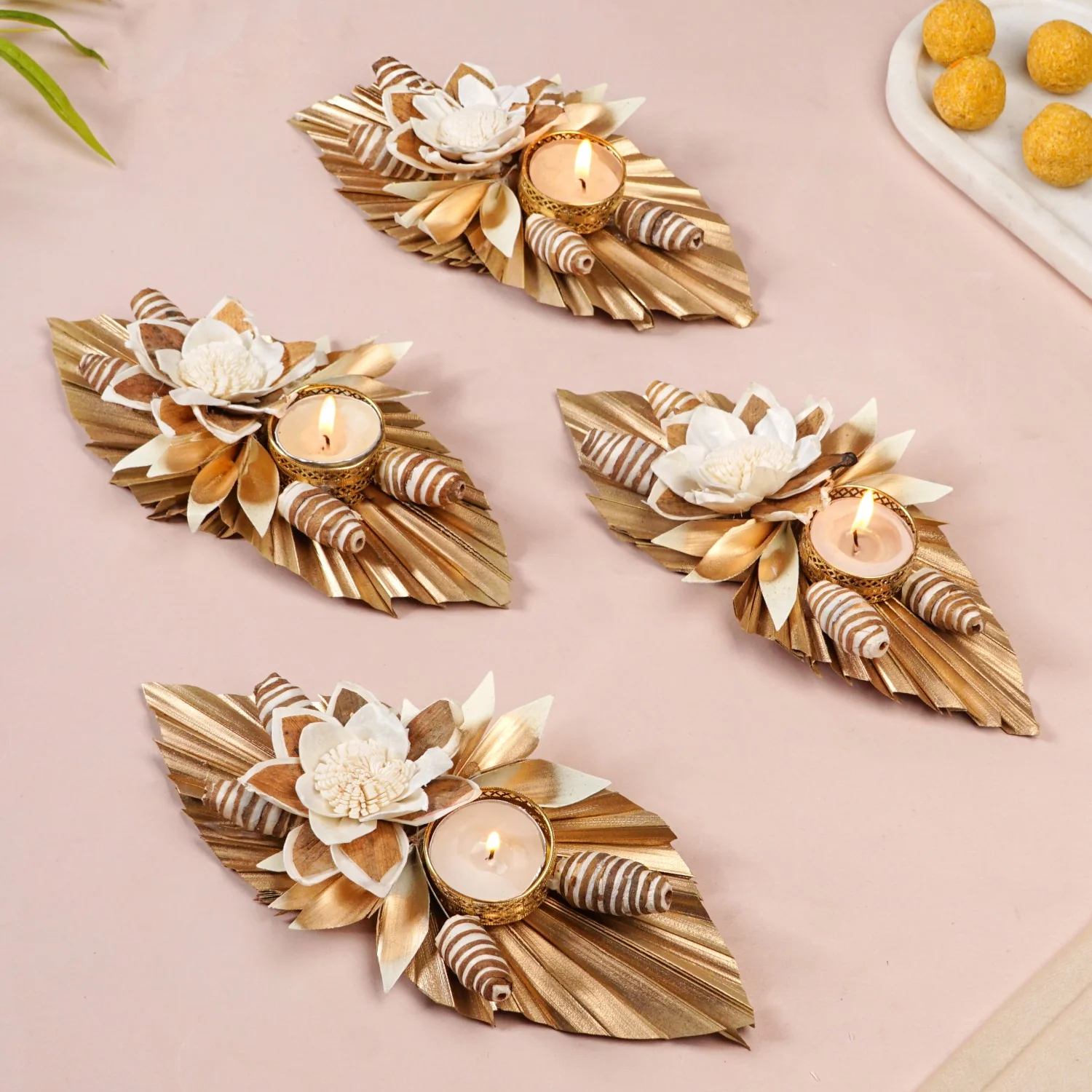 Sustainable Pine Leaf Sola Tea Light Candle Holder Set Of 4