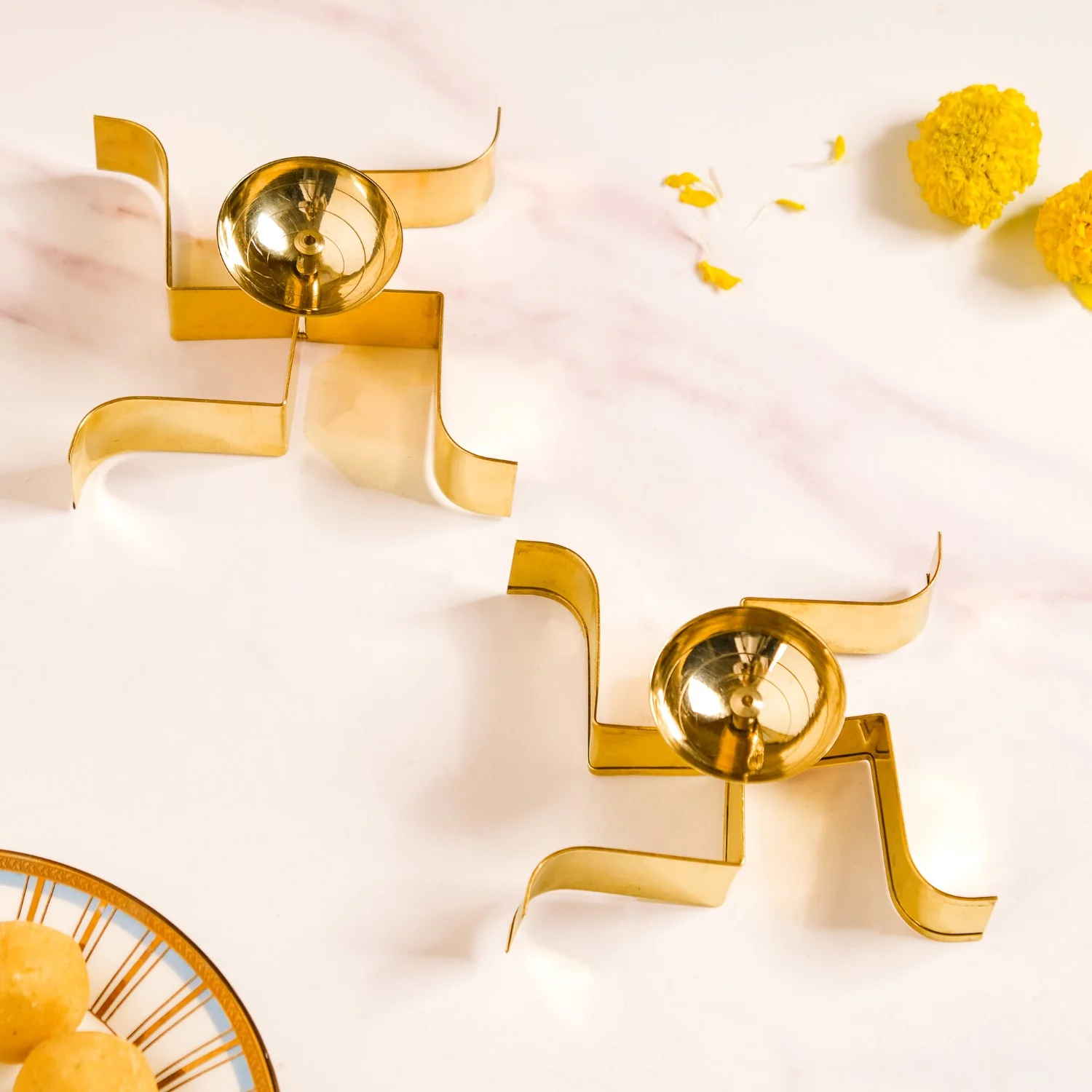 Swastik Brass Oil Tealight Diya Set Of 2 Large Gold - Image 6
