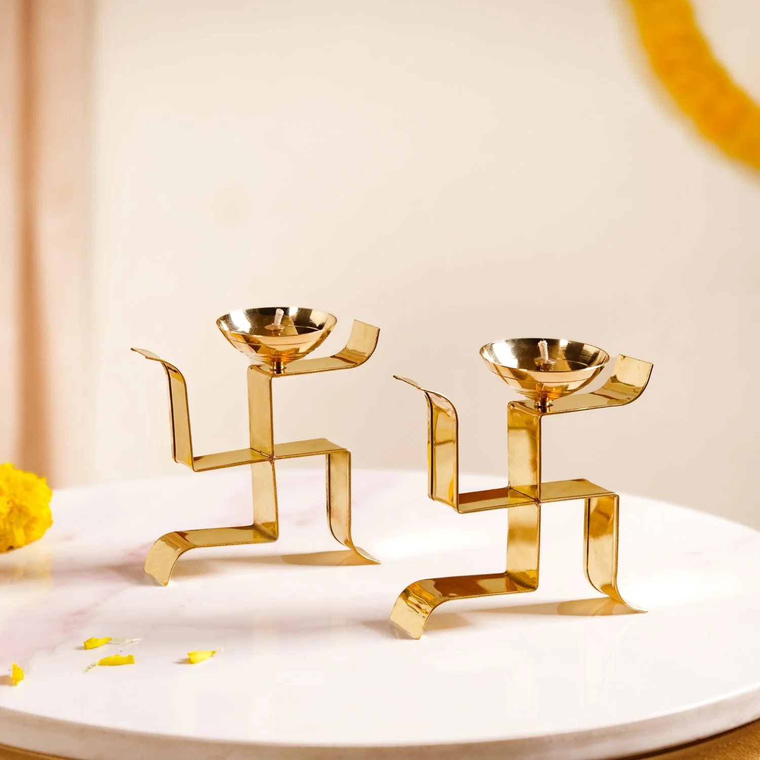 Swastik Oil Lamp Votive Set Of 2 Small Gold - Image 6