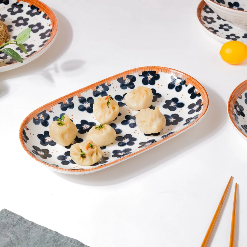 Sylvan Floral Patterned Ceramic Long Plate 11.5 Inch