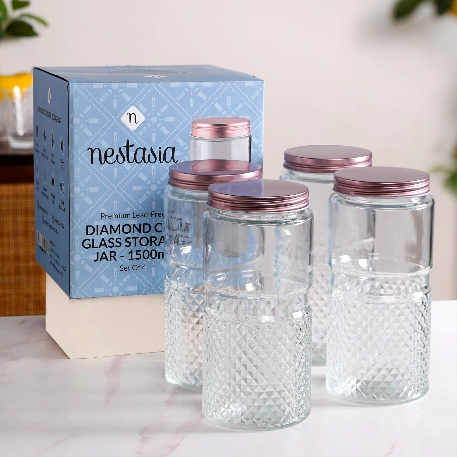 Tall Glass Jar With Rose Gold Lid Set Of 4 1500ml - Image 10
