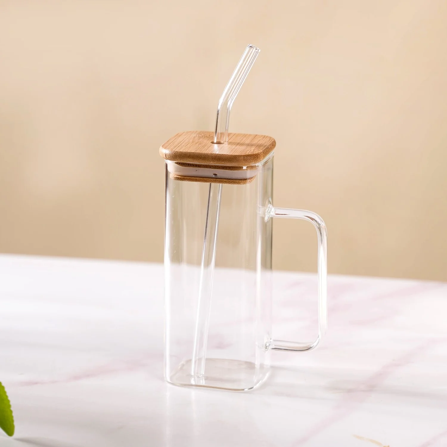 Tall Square Glass Sipper Set Of 4 With Glass Straw 400ml - Image 2
