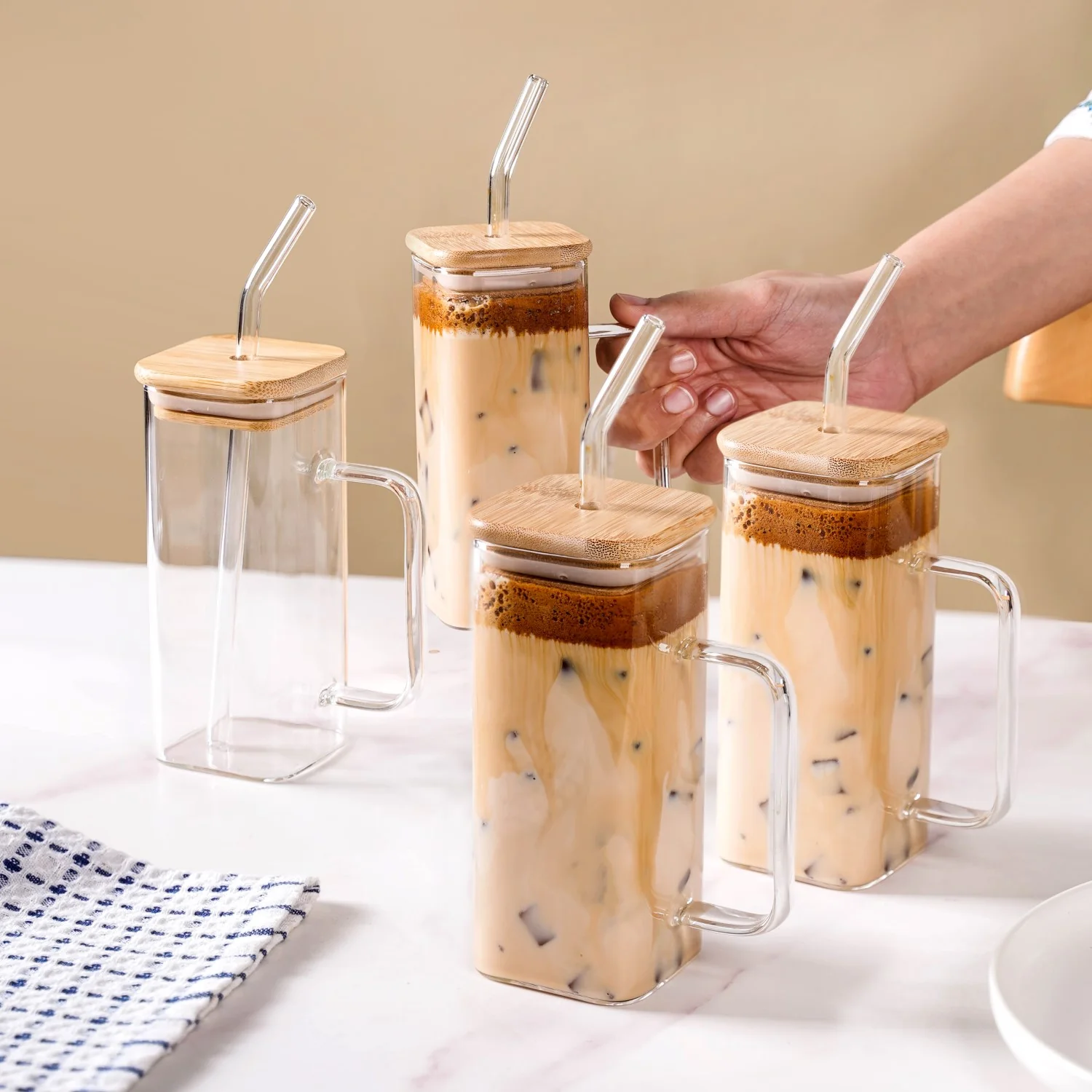 Tall Square Glass Sipper Set Of 4 With Glass Straw 400ml - Image 3