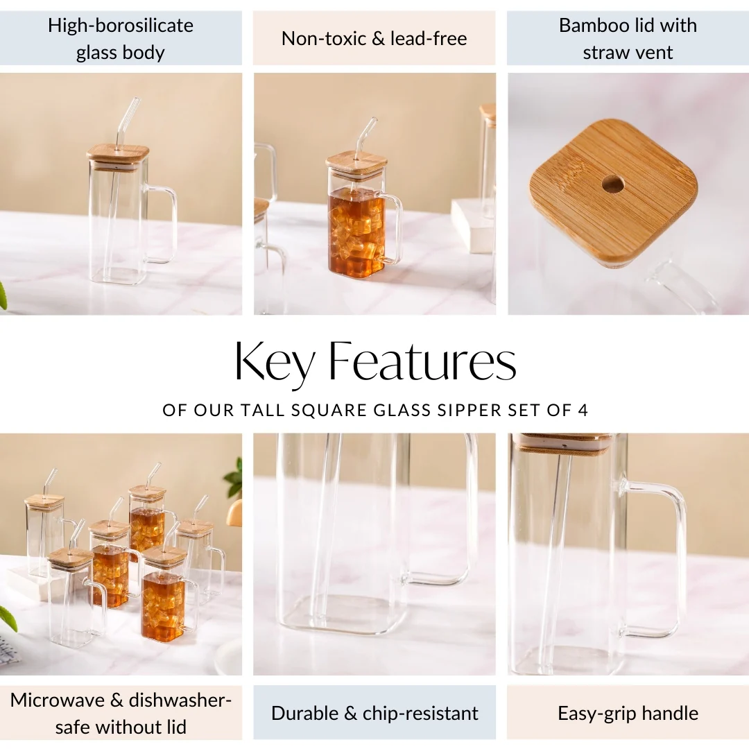 Tall Square Glass Sipper Set Of 4 With Glass Straw 400ml - Image 5