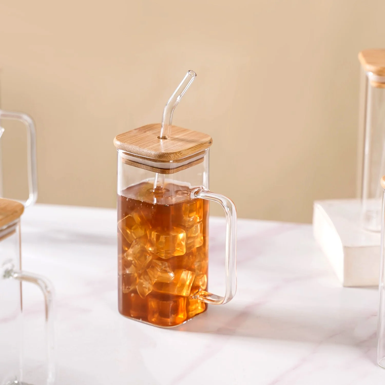 Tall Square Glass Sipper Set Of 4 With Glass Straw 400ml - Image 7