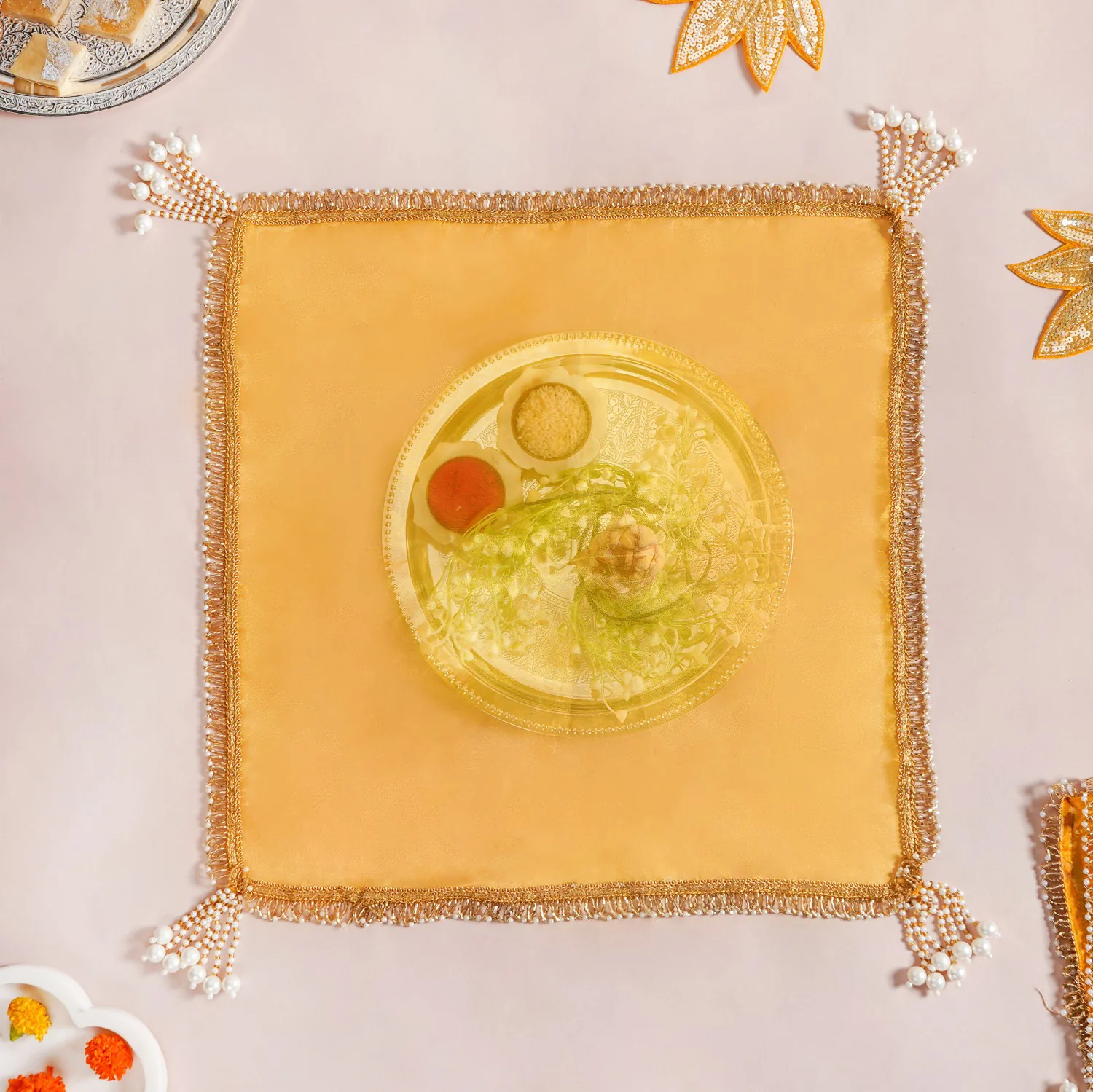 Tasselled Organza Thali Cover Yellow Set Of 2 - Image 2