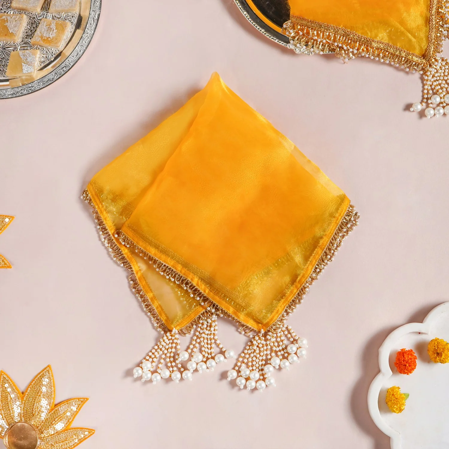Tasselled Organza Thali Cover Yellow Set Of 2 - Image 6